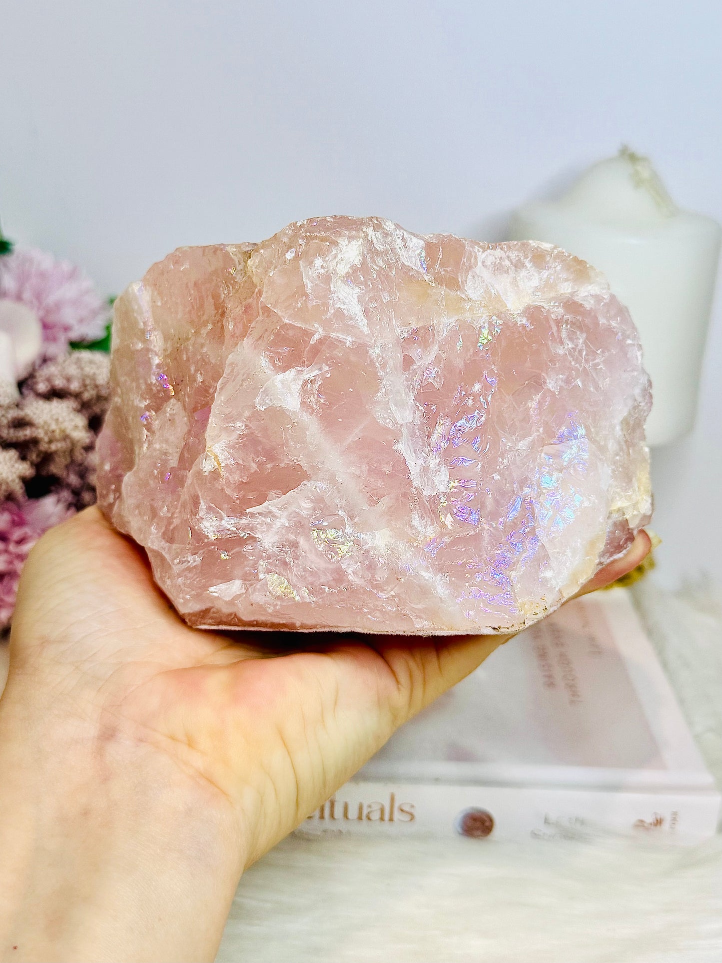 Large Chunky 1.2KG 14cm Angel Aura Rose Quartz Candle Holder