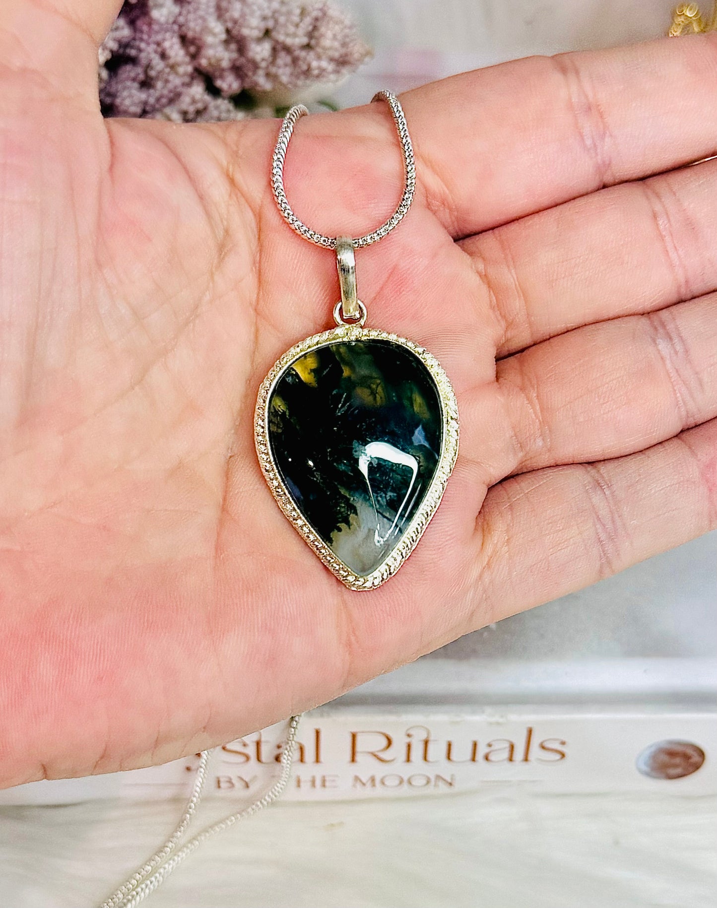 Moss Agate Pendant on Silver Chain In Gift Bag