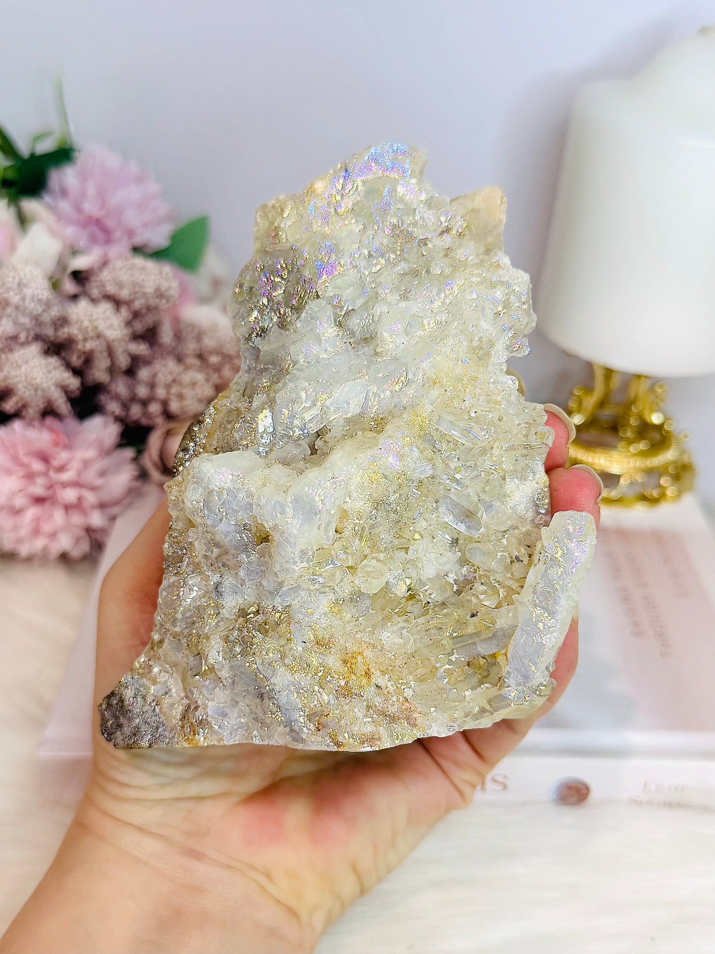 Large 683gram Aura Quartz Owl ~ See Back For Amazing Cluster Detail