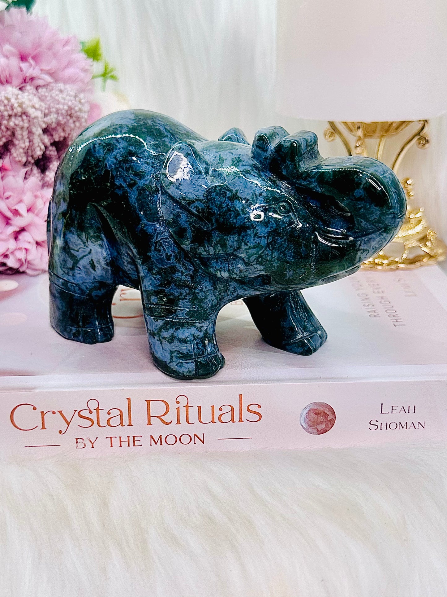 Large 635gram 13cm Blue & Green Moss Agate Carved Elephant