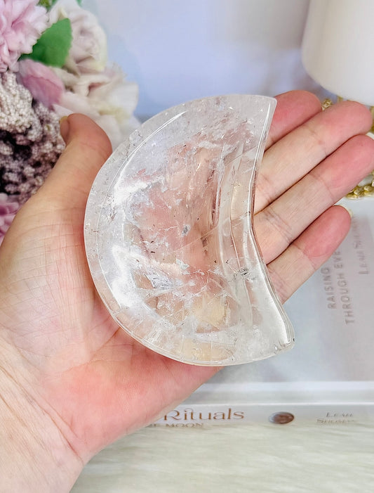 High Grade Clear Quartz Chunky Moon Bowl with Rainbows 9cm
