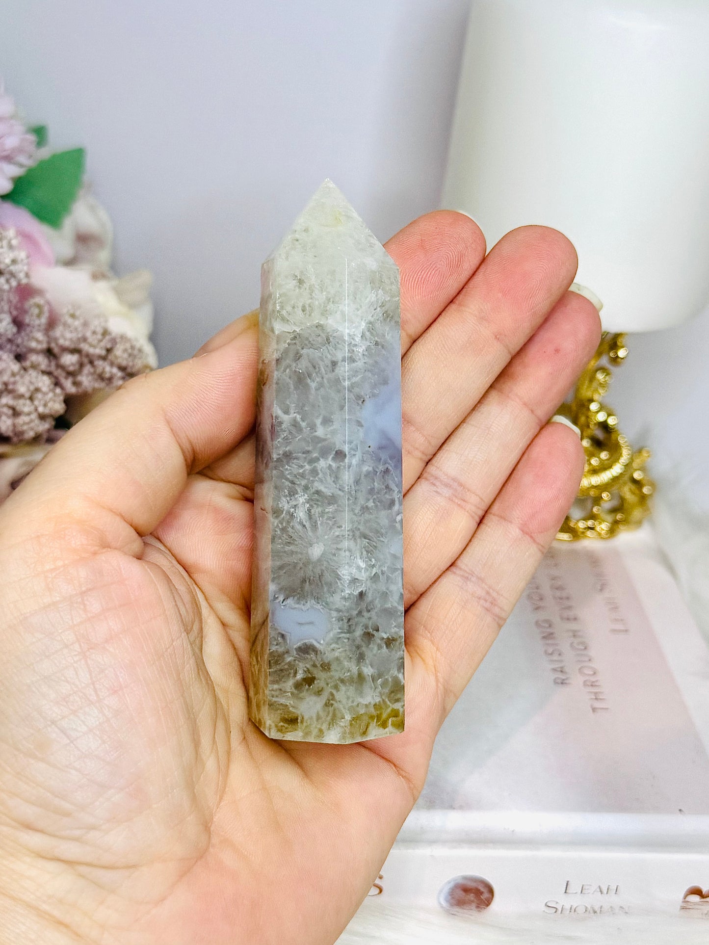 Green Flower Agate Tower 10cm
