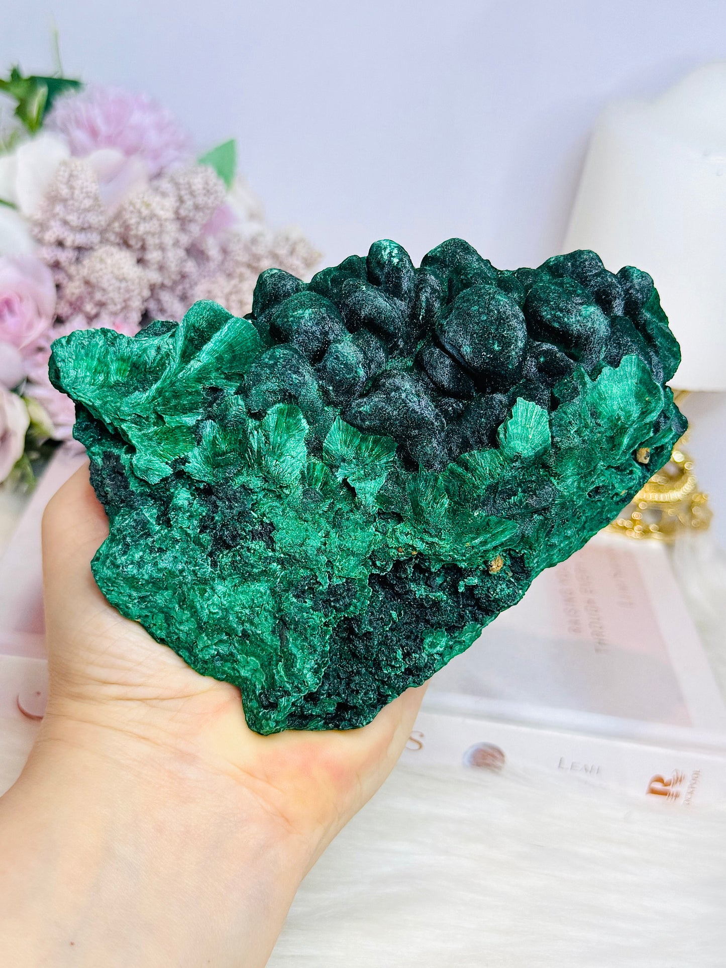 High Grade Velvet Botryoidal Malachite Natural Specimen on Stand 882g 15cm