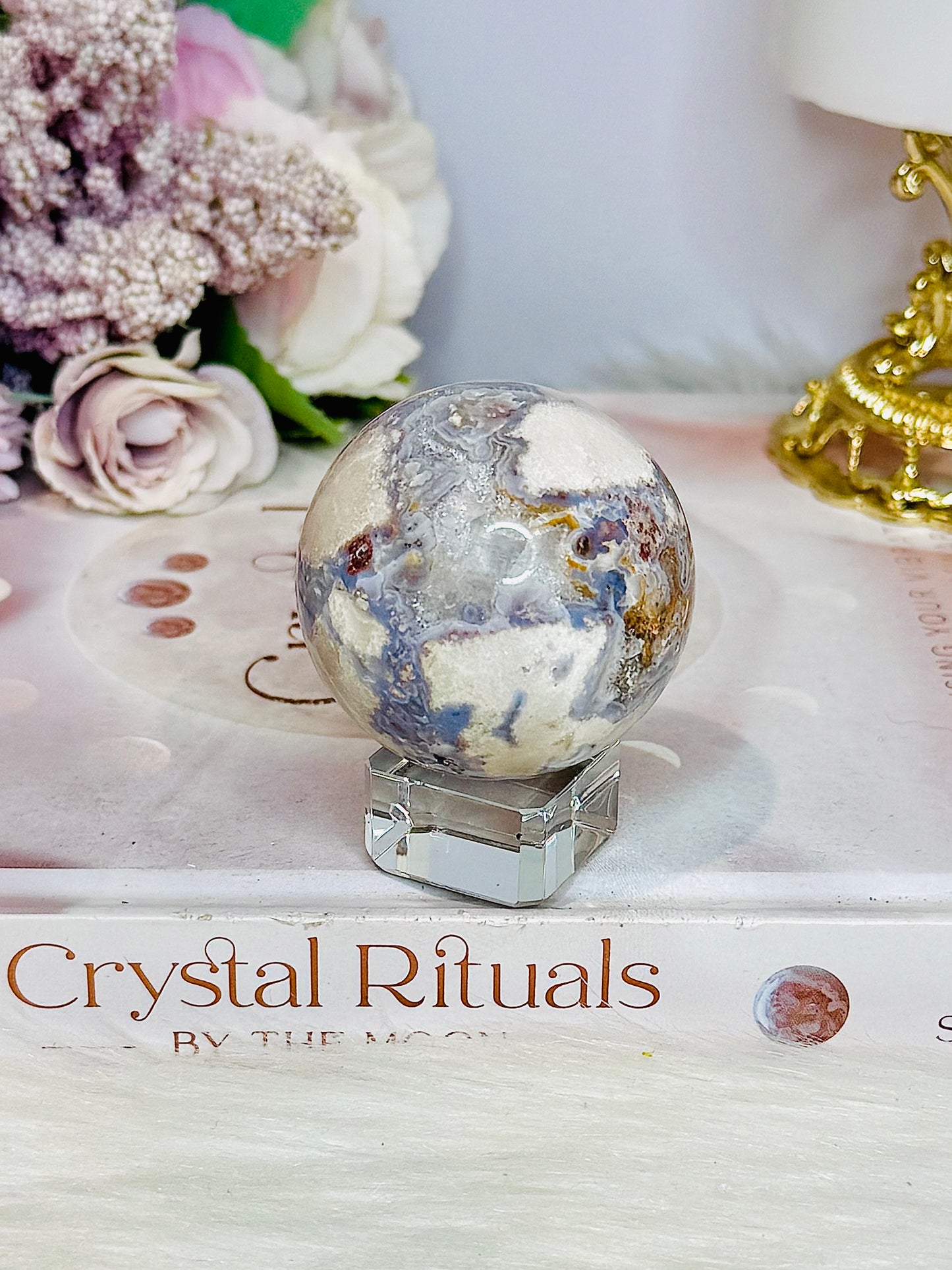 Rare Blue Flower Agate Sphere on Stand 152g