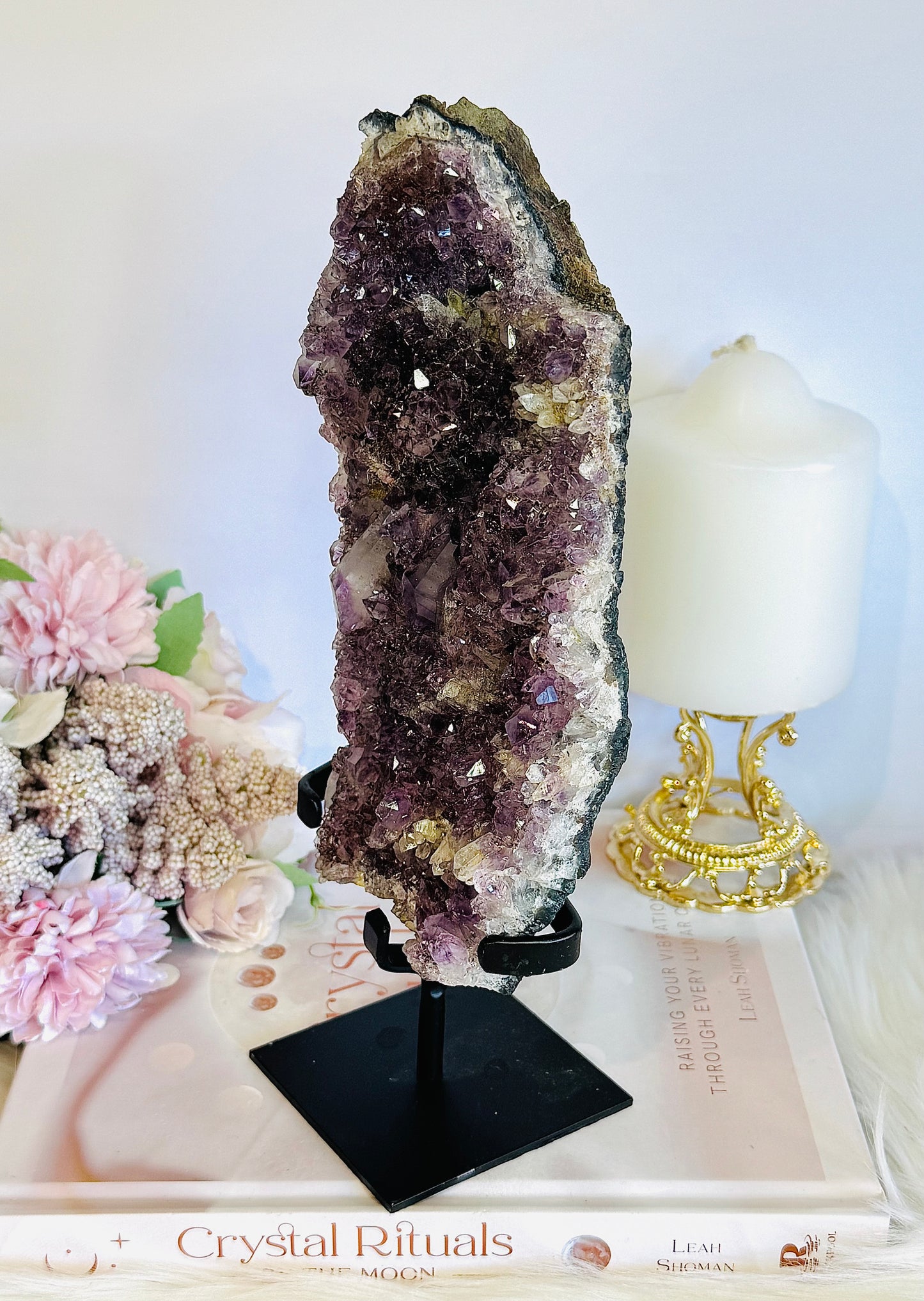 High Grade Amethyst Natural Cluster Slab with Stalactite Formations On Custom Stand 23cm 1.03KG
