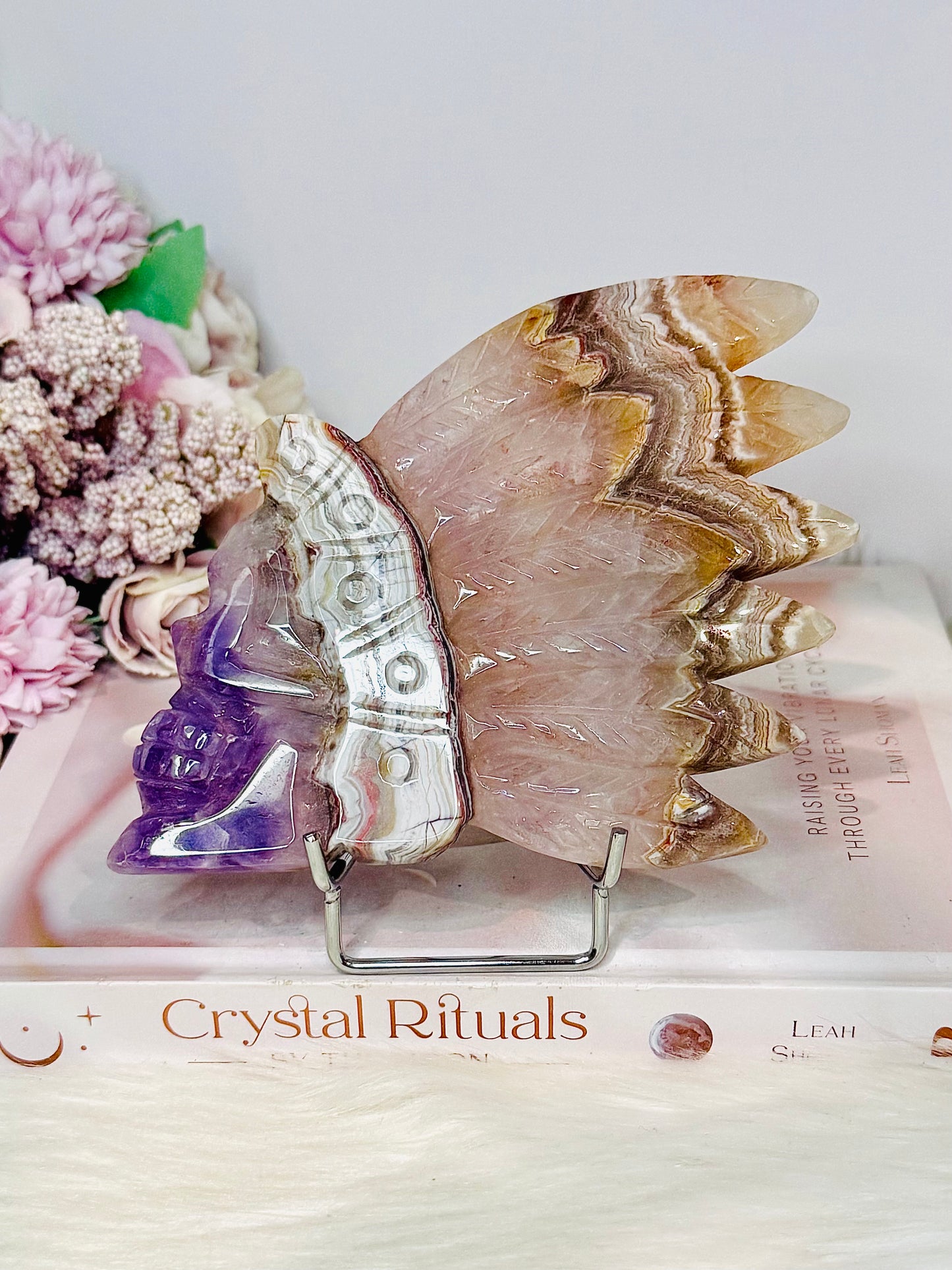 Large Amethyst X Mexican Lace Agate Carved Indian Head on Stand
