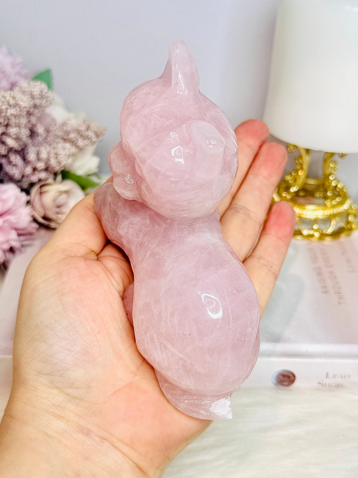 Large Rose Quartz Carved Cat 11cm 488g (Small Chip On Tail)