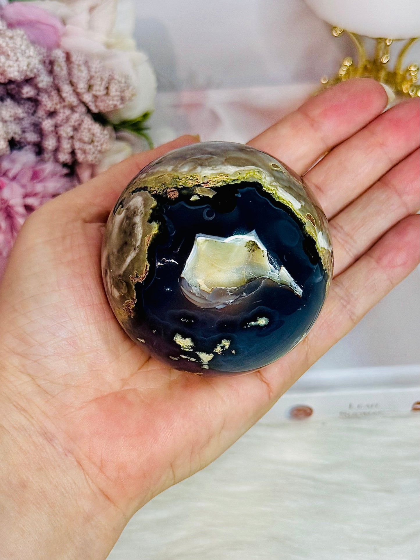 Natural Volcano Agate Druzy Sphere UV Reactive On Stand 363grams