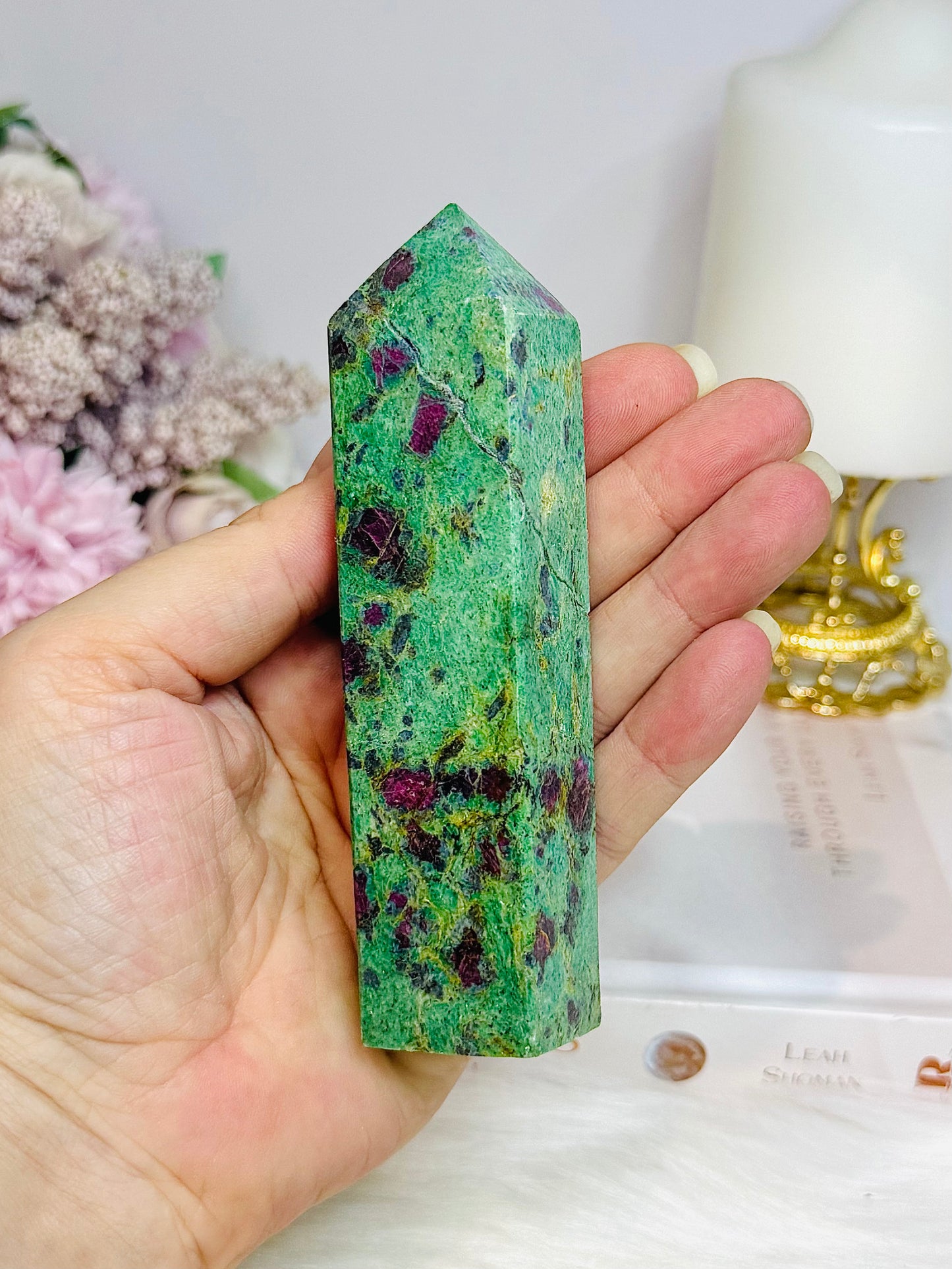 Ruby Fuchsite Tower 12cm ~ Reduced as has been broken & repaired