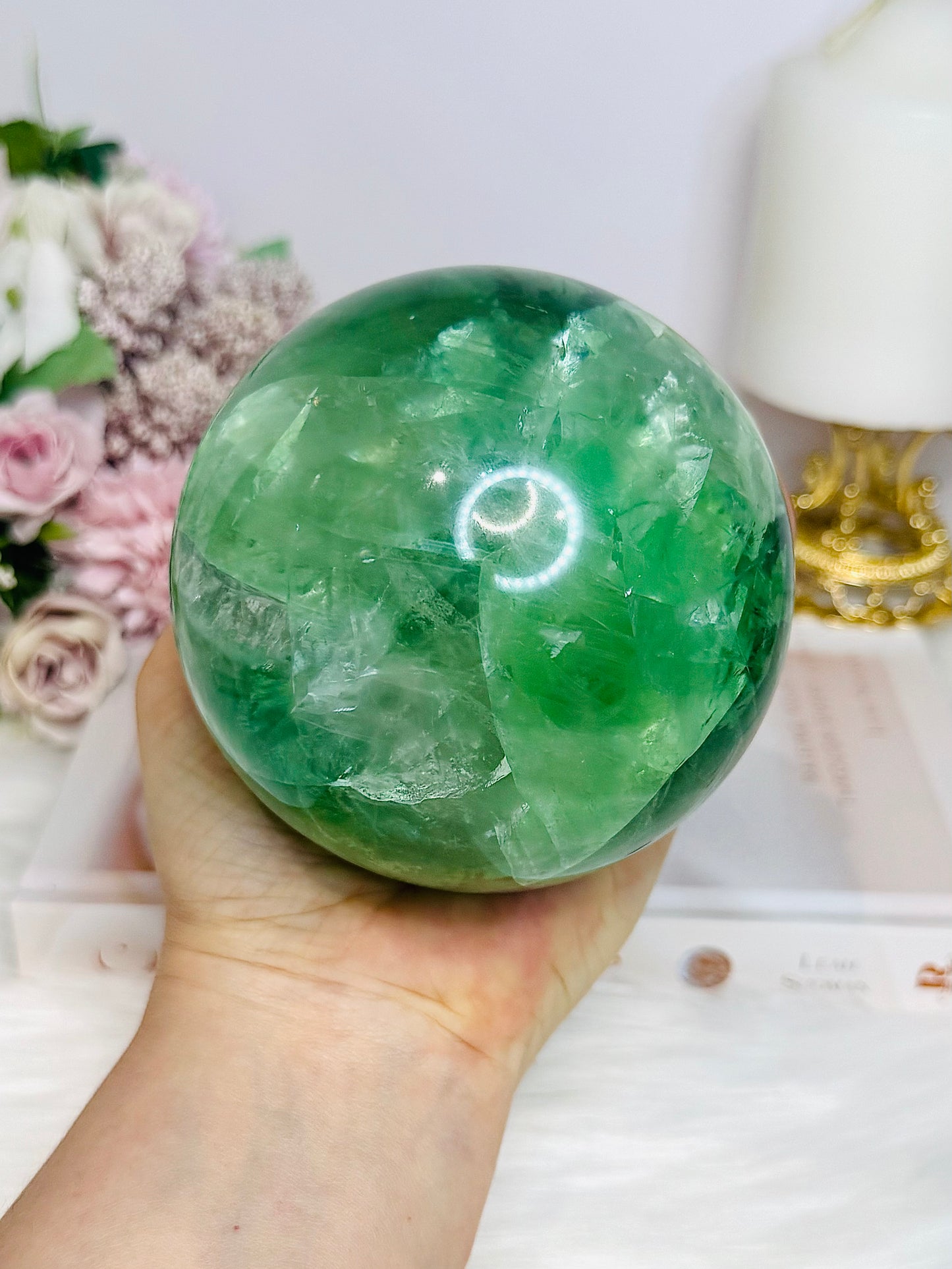 Huge Green Fluorite Sphere with Rainbows On Tall Glass Stand 1.4KG (stand can be changed)