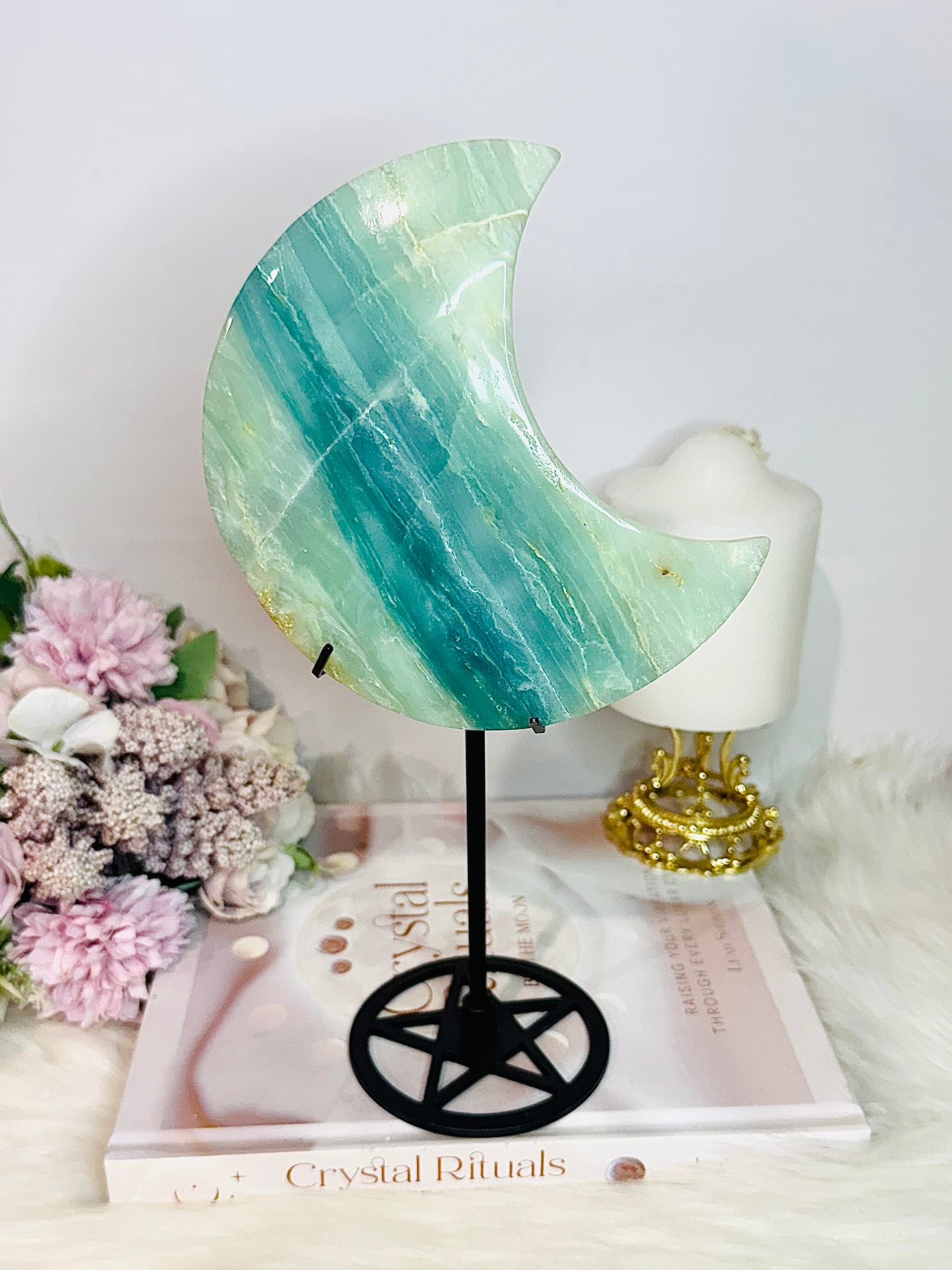 Large Sky Blue Quartz Carved Chunky Moon On Stand 25cm 626grams