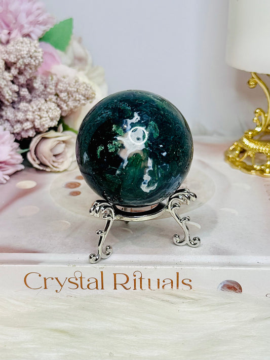 Moss Agate Sphere On Stand 212g