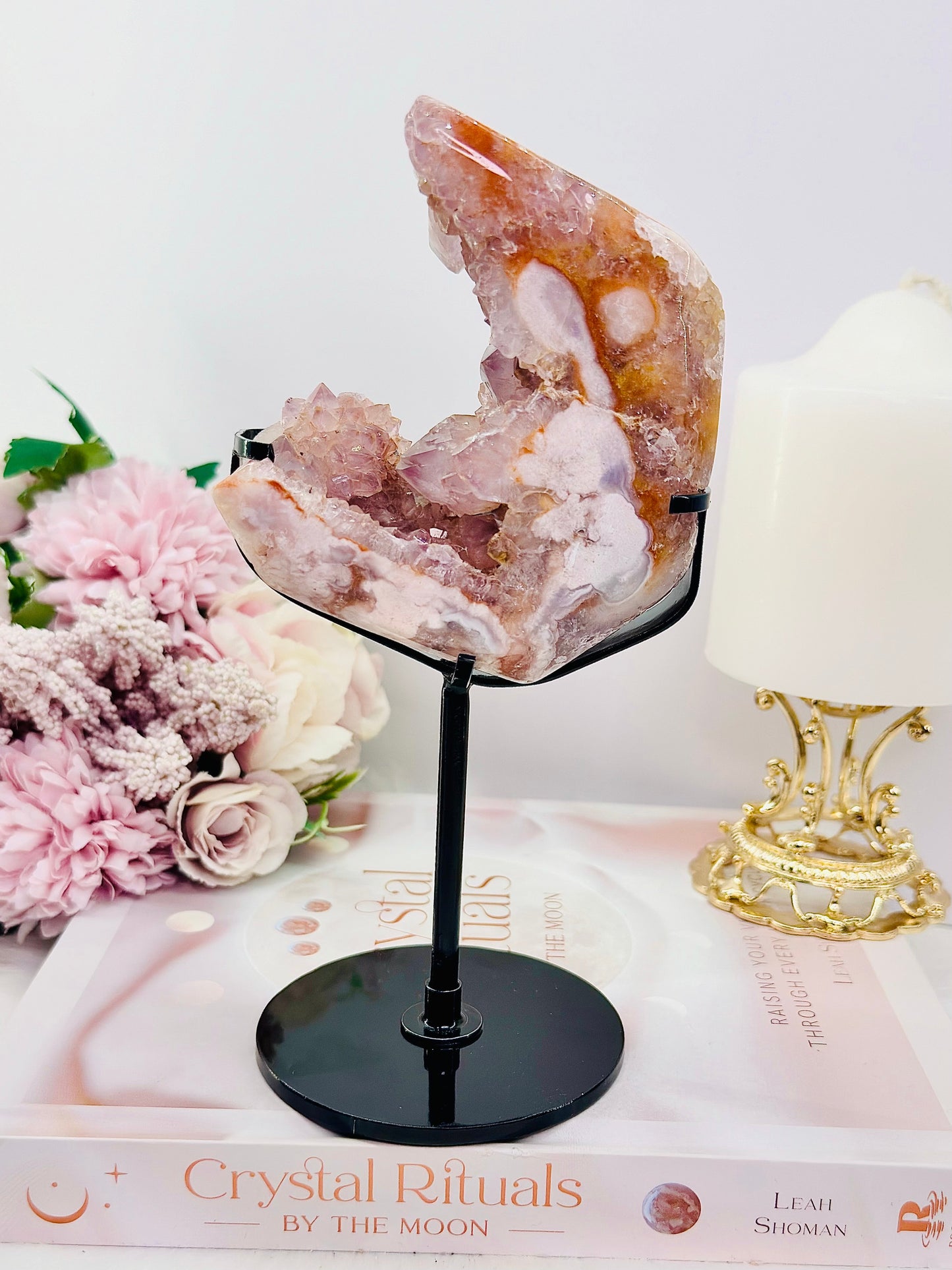 Rare Pink Amethyst X Flower Agate Druzy Natural Freeform On Stand 646g 19cm