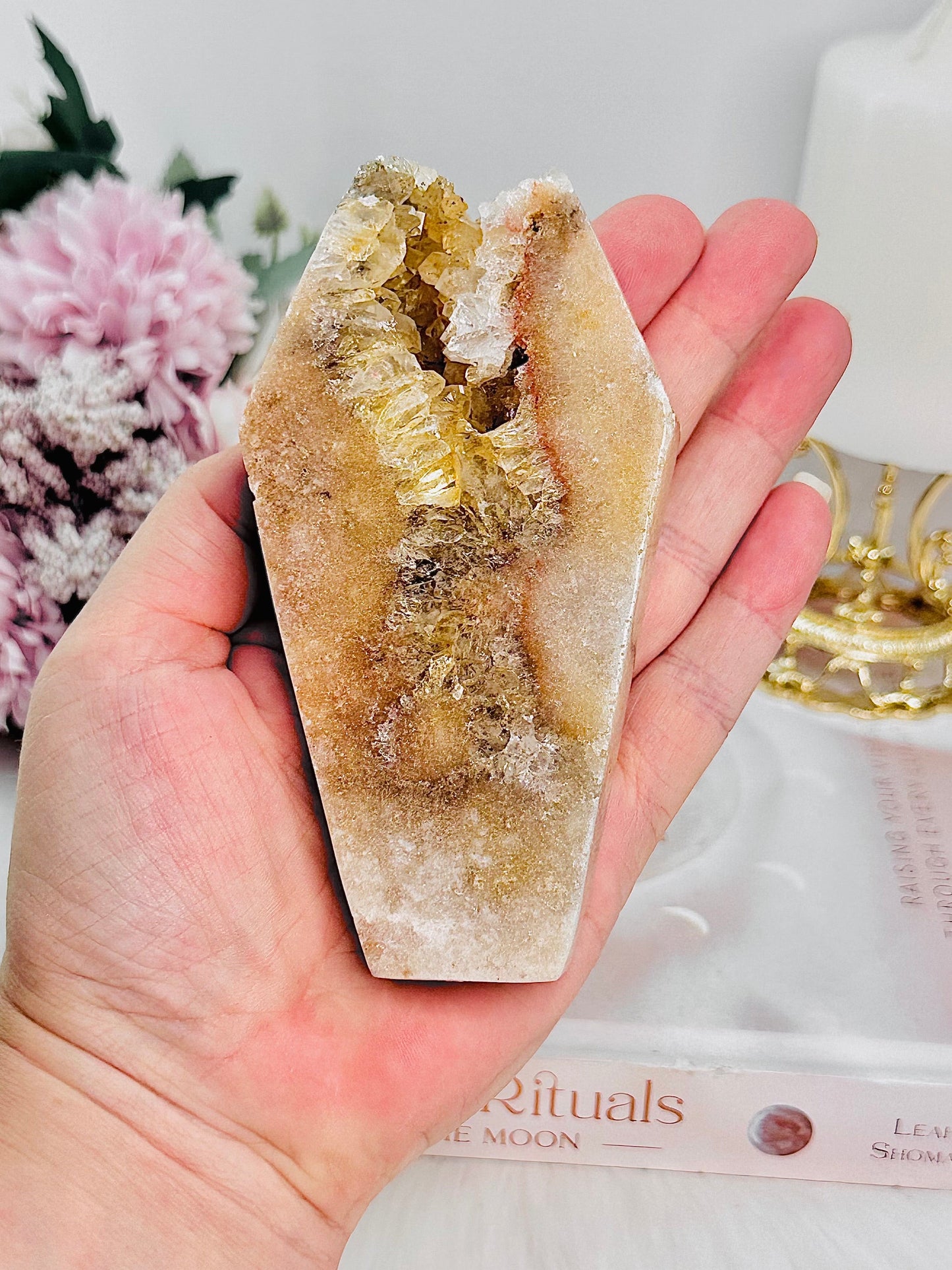Druzy Pink Amethyst Chunky Coffin Carving 12cm