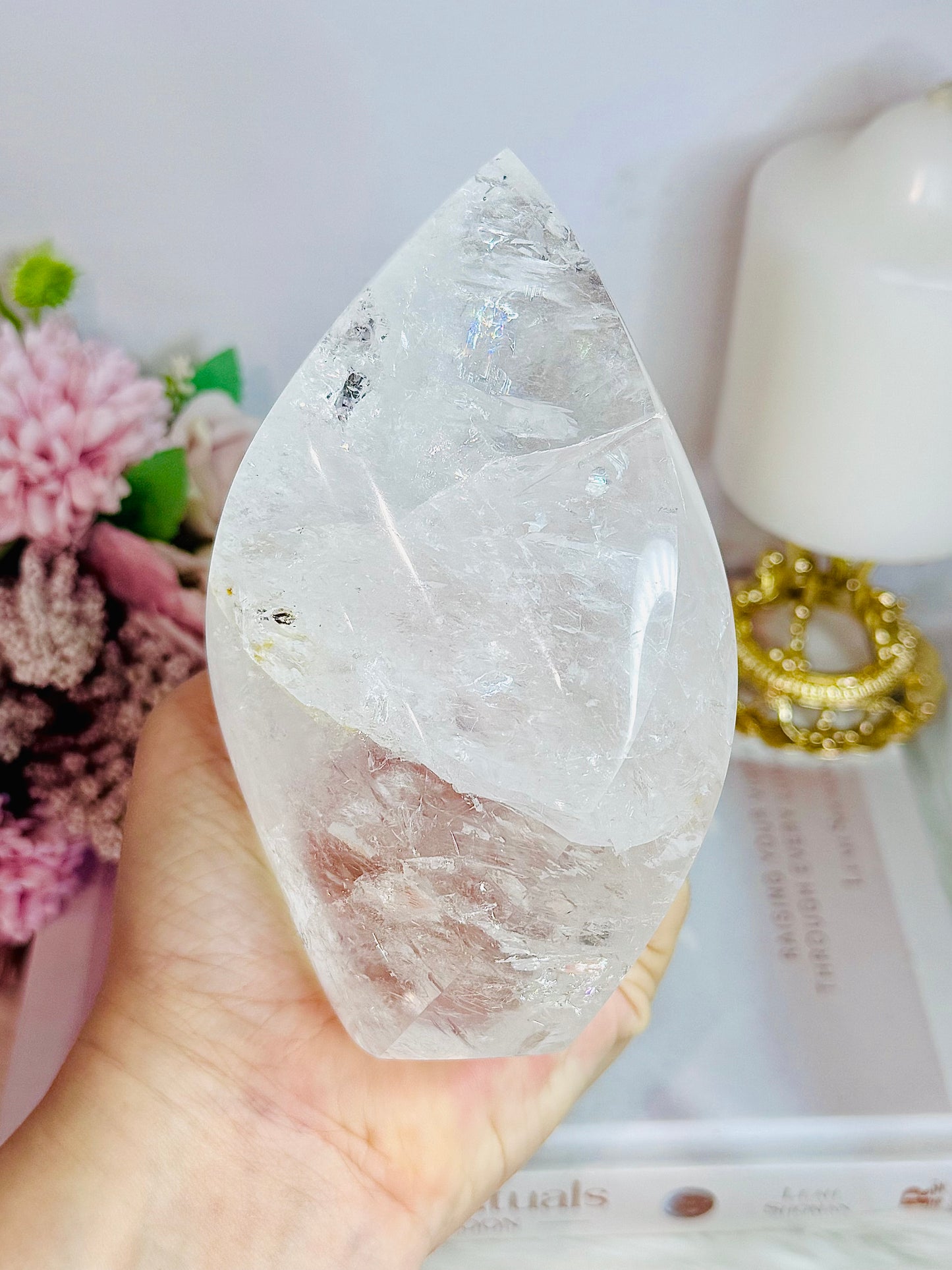 Absolutely Stunning High Grade Large Clear Quartz Carved Flame | Freeform with Rainbows From Brazil 677grams