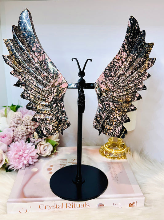 Large Rhodonite Carved Butterfly Wings On Stand 27cm 955g
