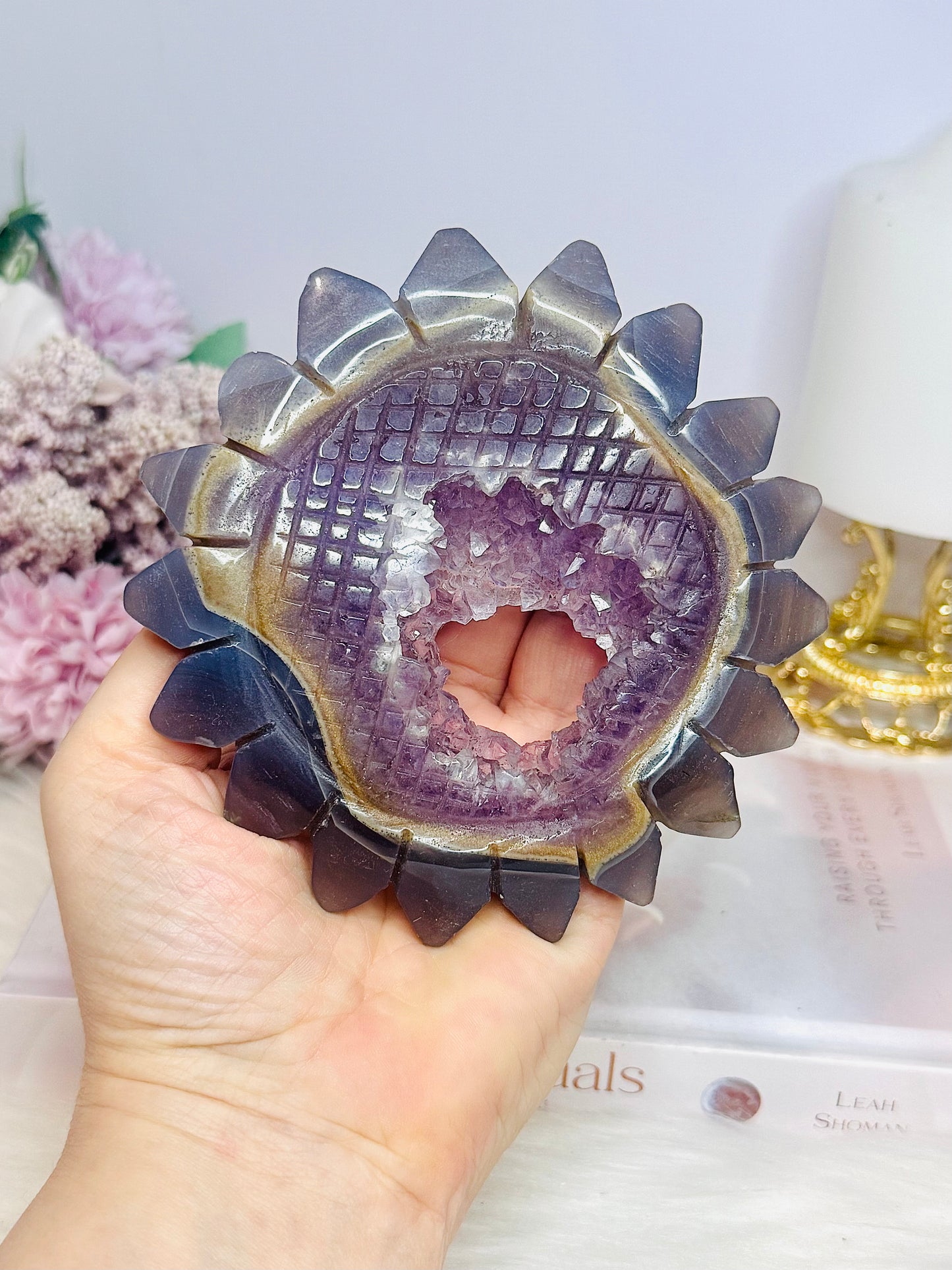 Druzy Amethyst X Agate Carved Flower On Stand 23cm 321g