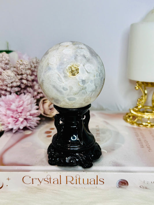 Pink Amethyst Druzy Sphere on Black Stand 381Grams