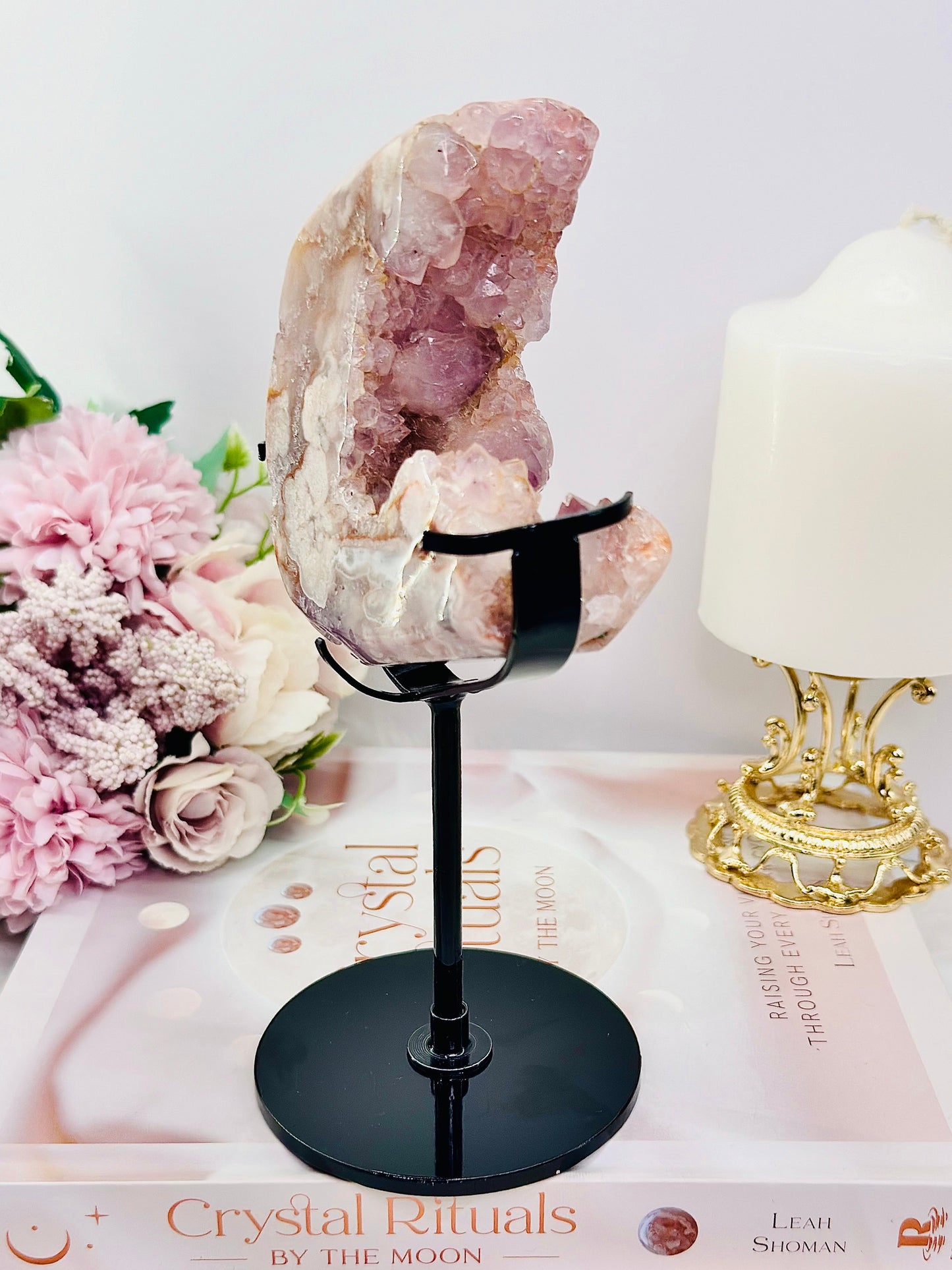 Rare Pink Amethyst X Flower Agate Druzy Natural Freeform On Stand 646g 19cm