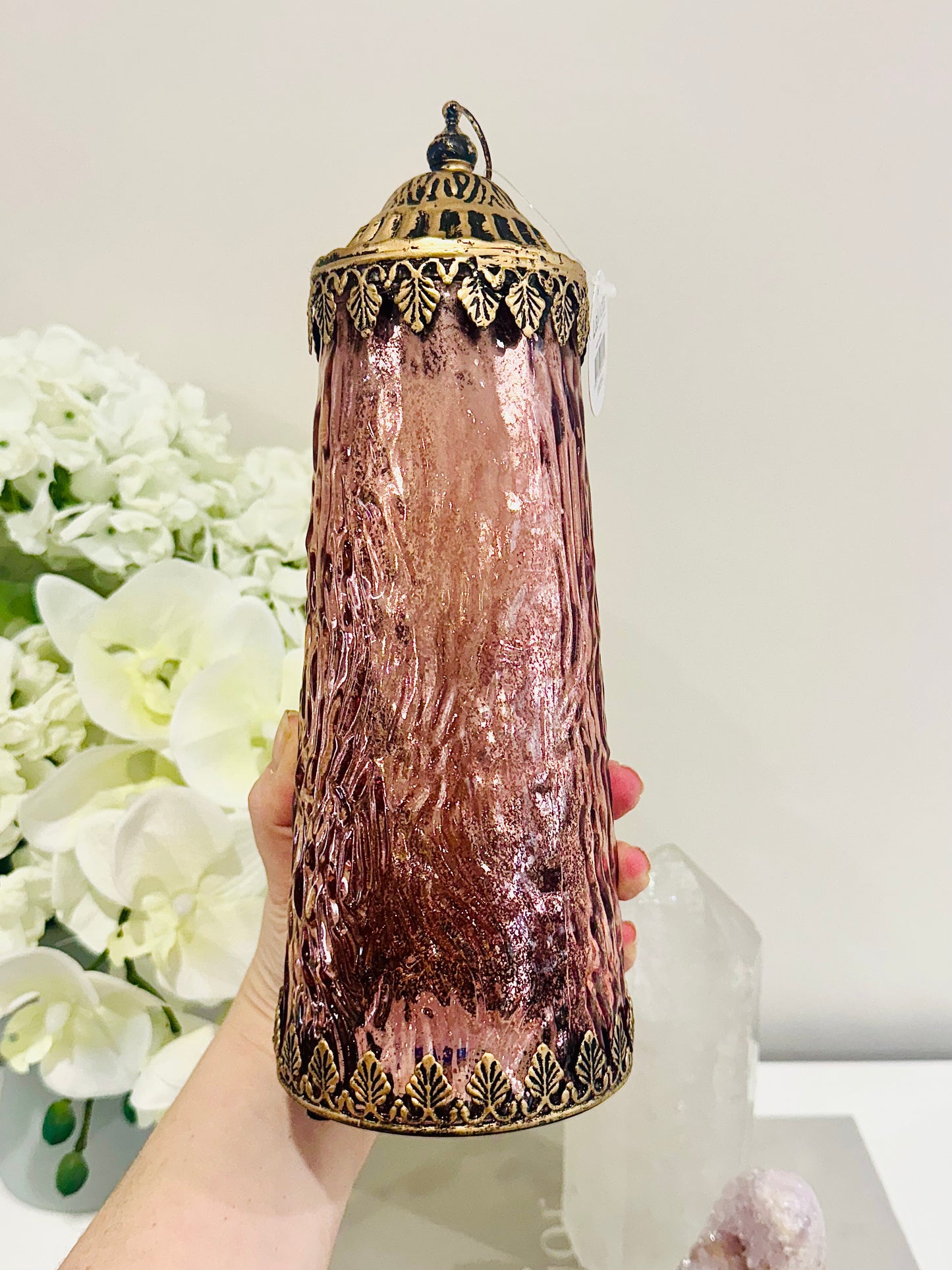 Glass Large Lantern Led Tower Pink Punch 27cm