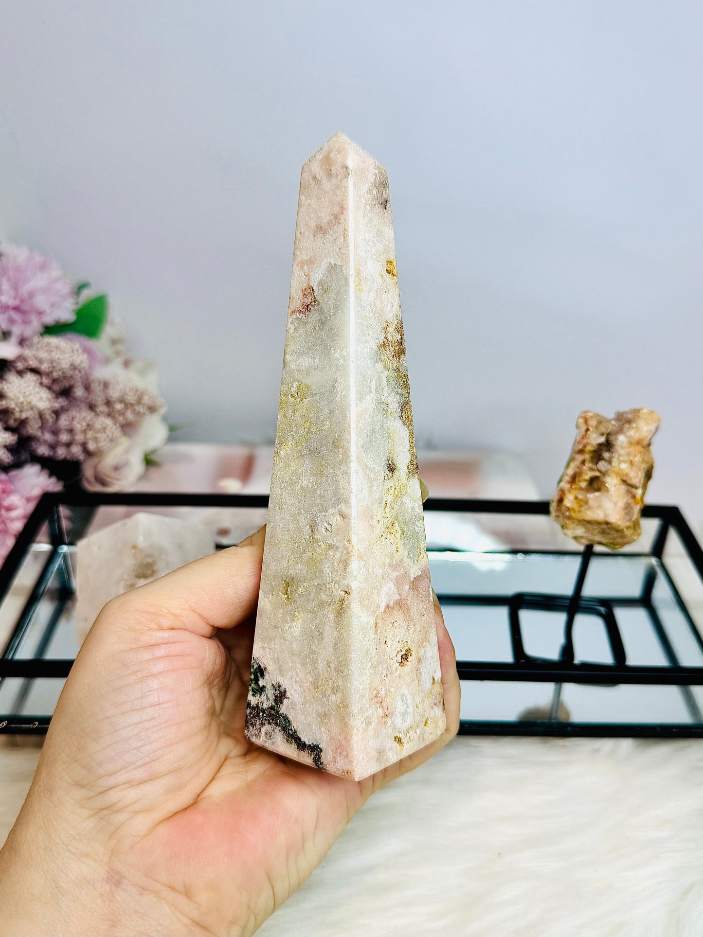 Pink Amethyst Gift Set ~ Black Mirror Tray 26cm, Large Pink Amethyst Obelisk Tower, Pink Amethyst Geode on Stand & Pink Amethyst Druzy Cube