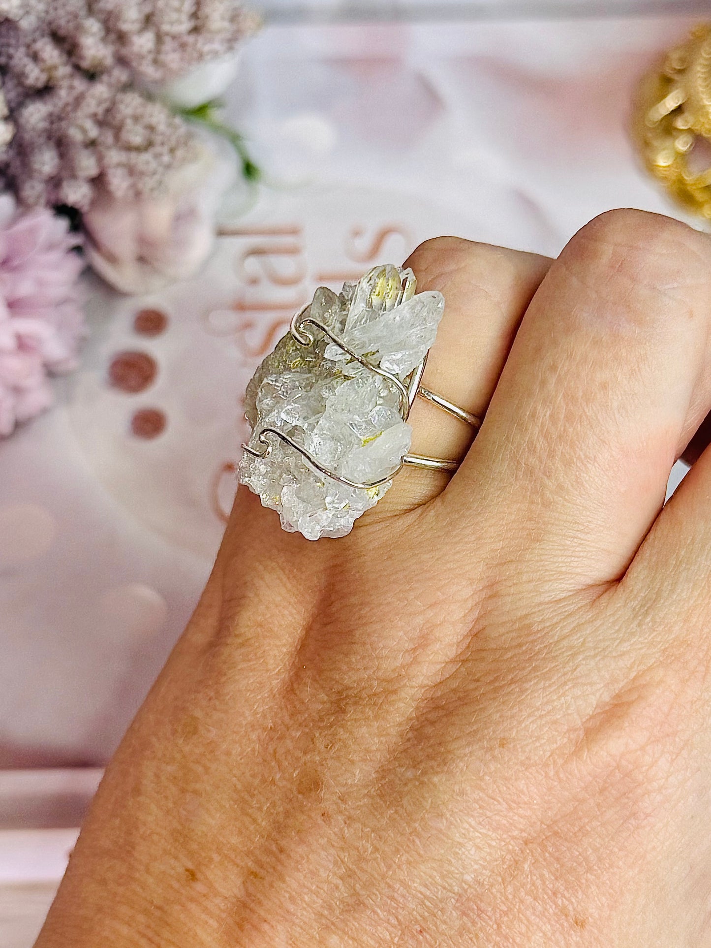 Clear Quartz Cluster Adjustable Ring In Gift Bag From Brazil