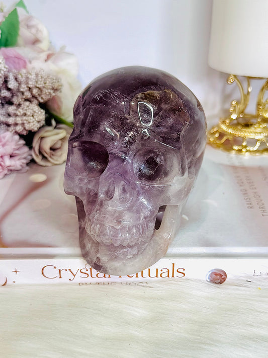 Huge 991gram High Grade Amethyst Carved Skull with Rainbows