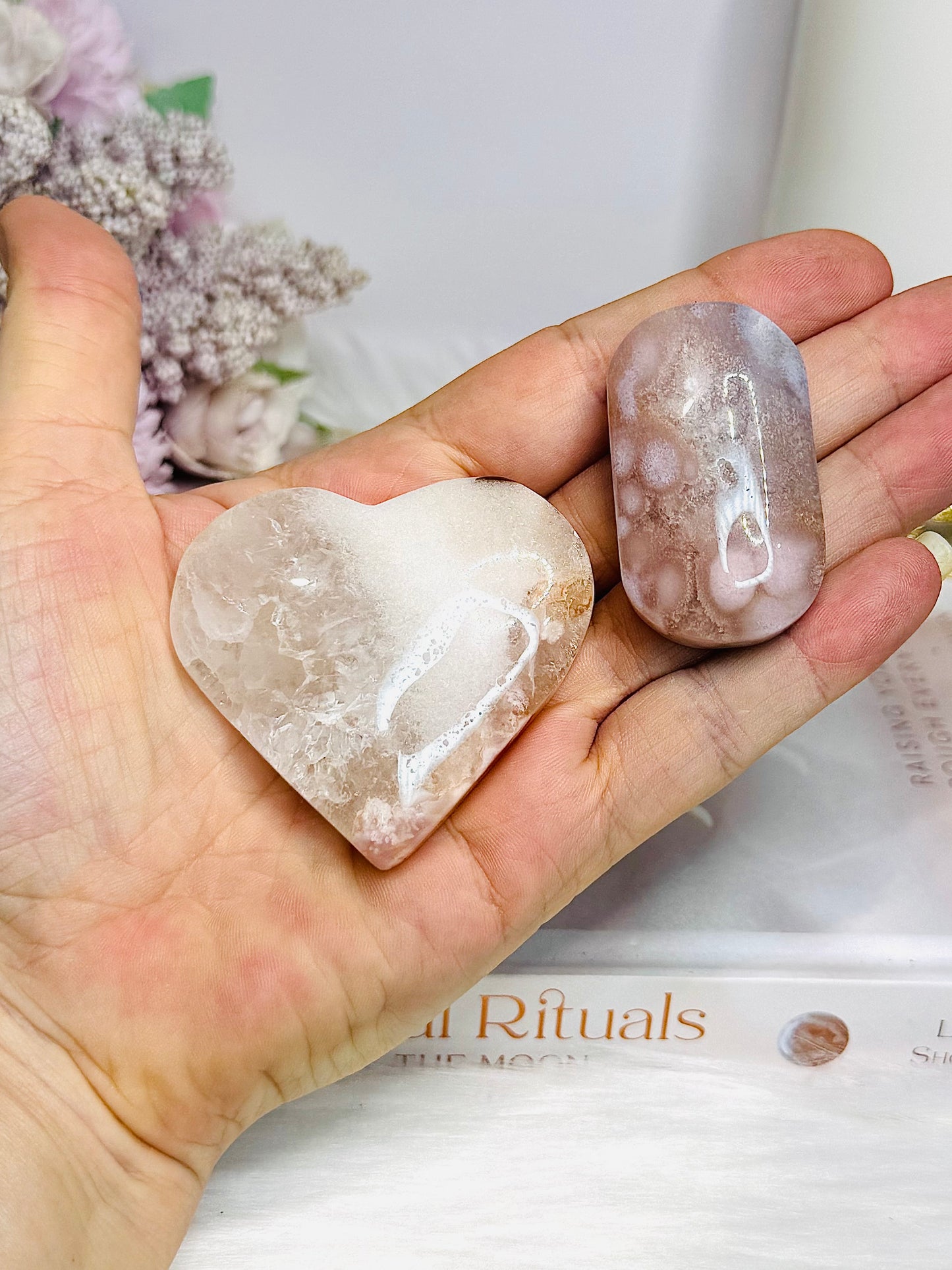 Flower Agate Heart & Palm Stone