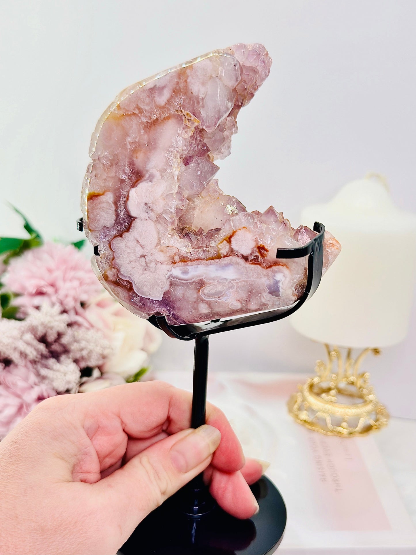 Rare Pink Amethyst X Flower Agate Druzy Natural Freeform On Stand 646g 19cm