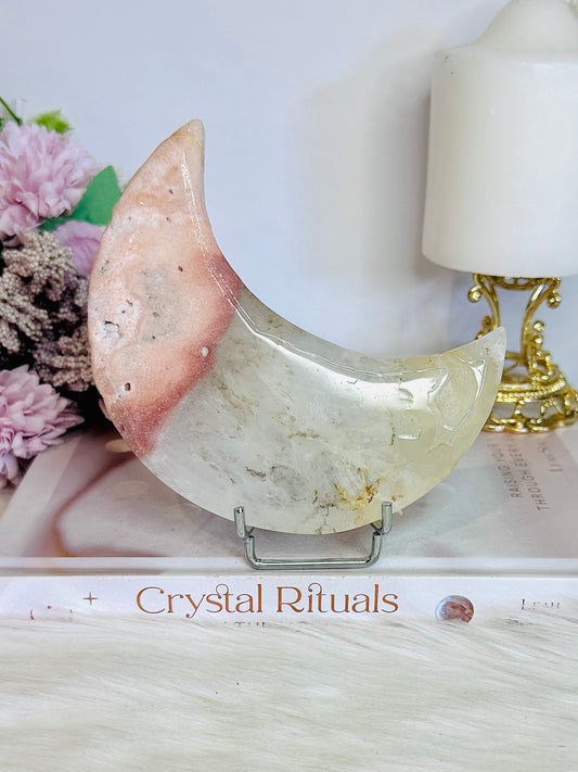 Pink Amethyst with Quartz Moon On Stand 12cm