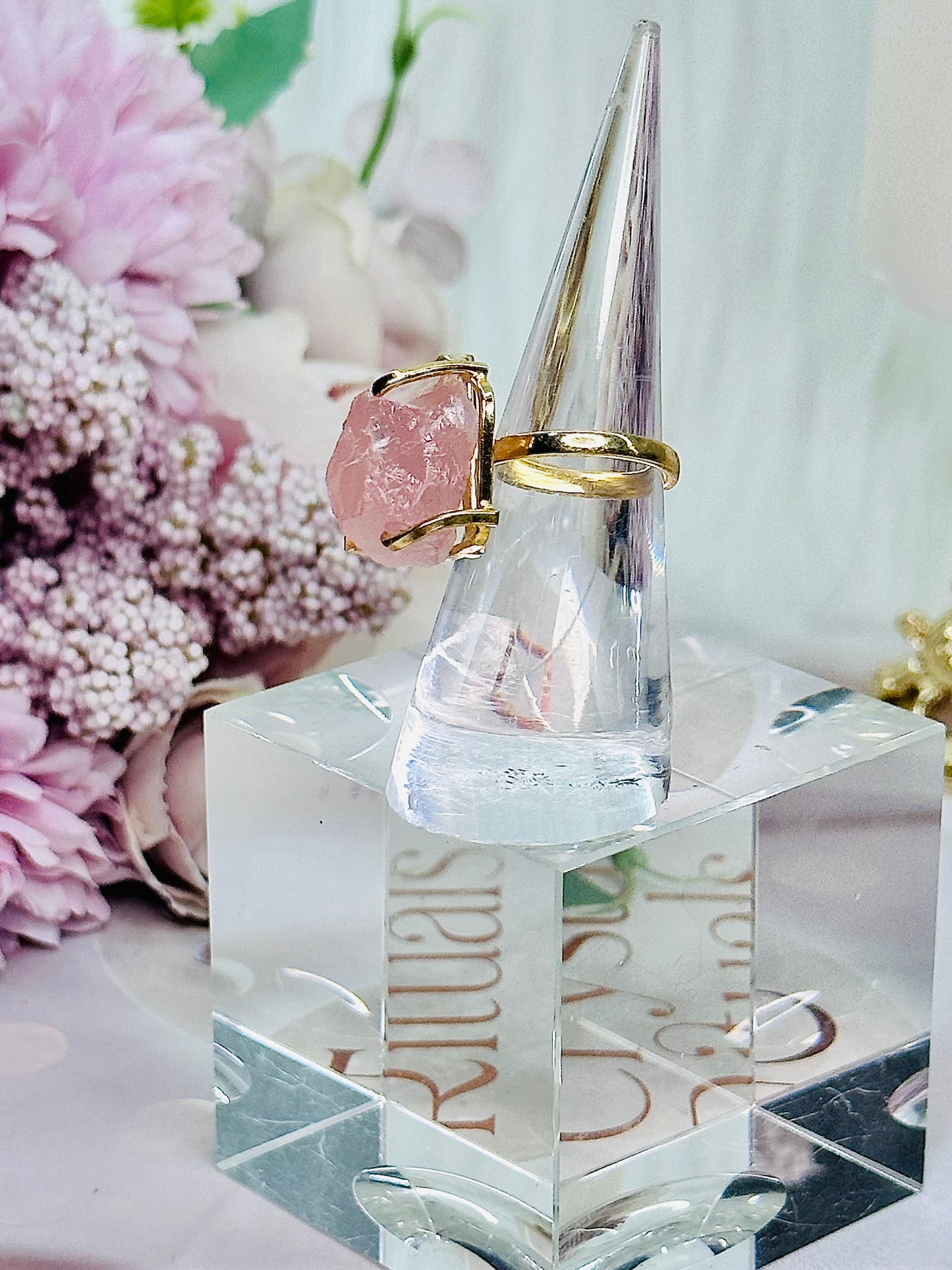 Natural Rose Quartz Gold Plated Adjustable Ring From Brazil ~ In Gift Bag