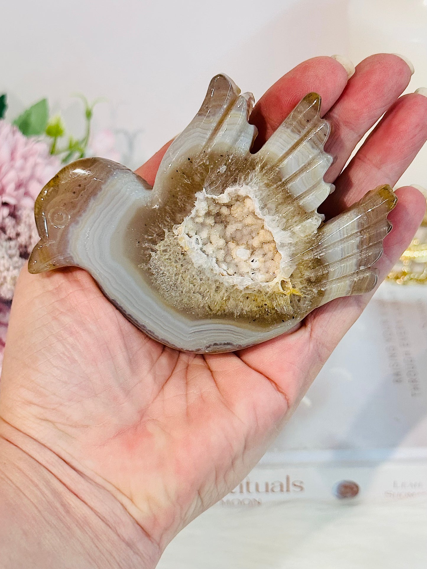 Beautiful Druzy Agate Carved Bird On Silver Stand