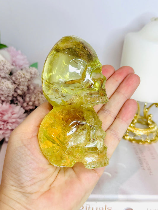 High Grade Citrine Carved Skulls with Rainbows 12cm 425g