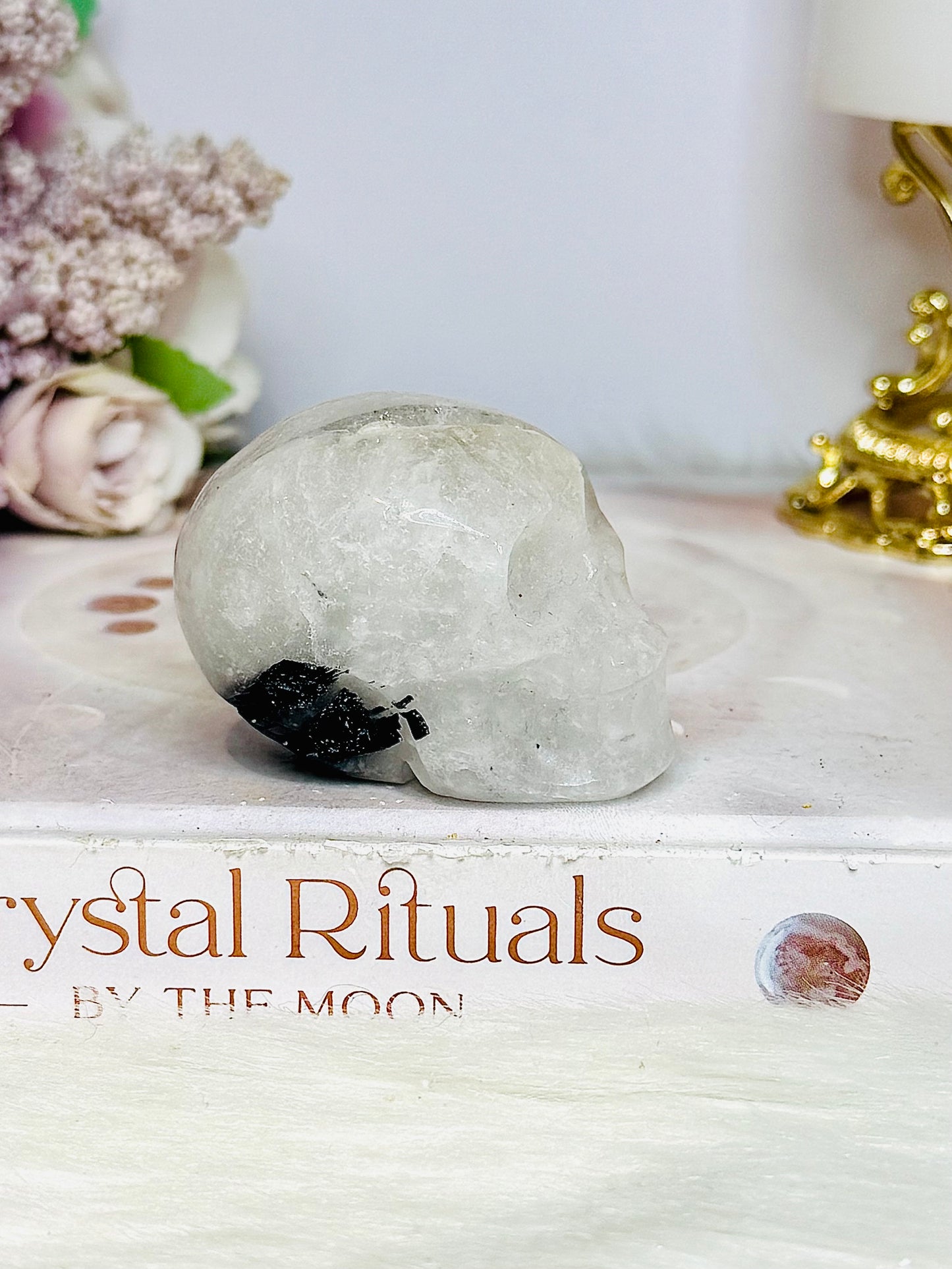 Black Tourmaline in Quartz Carved Skull 6cm