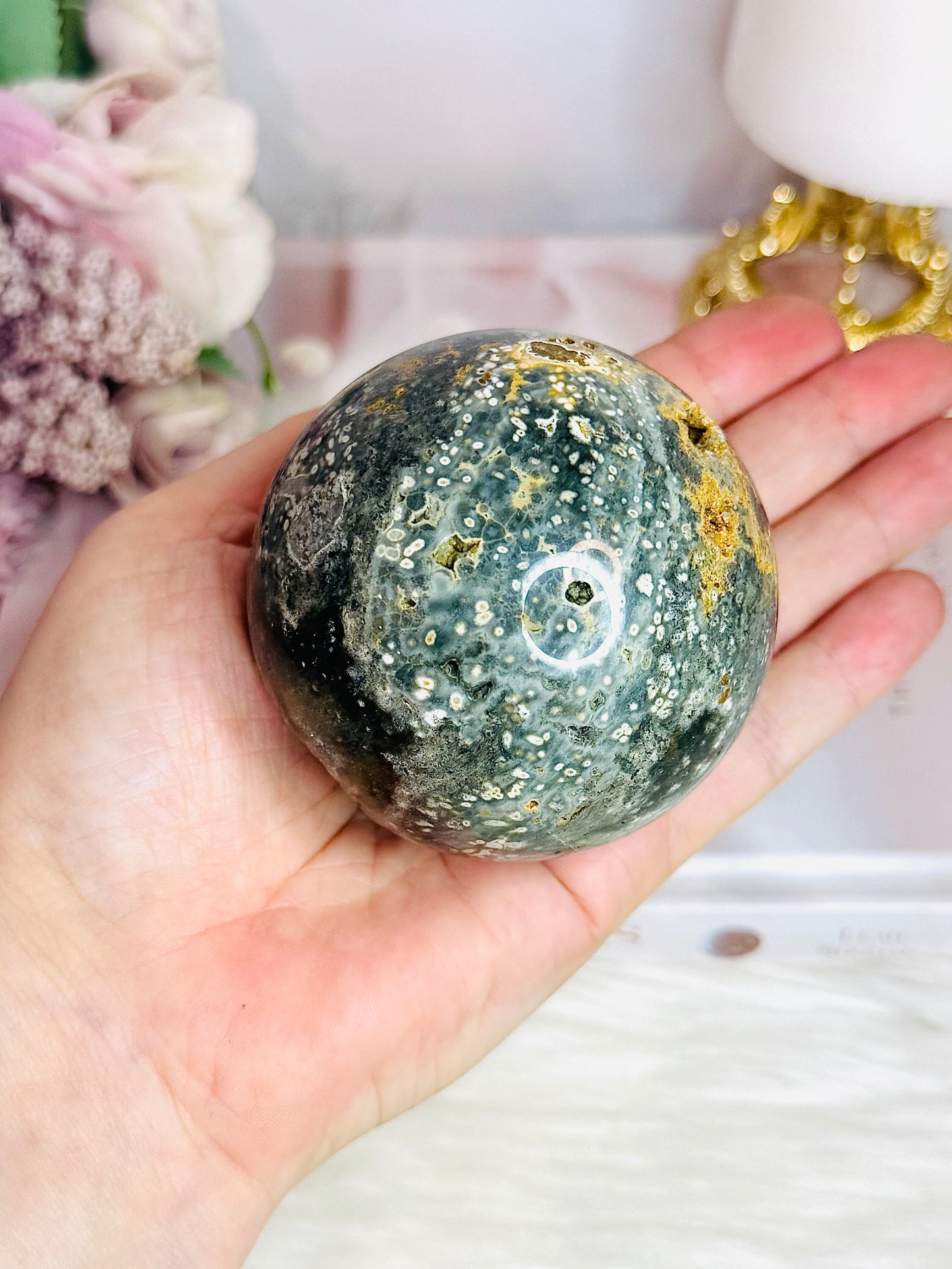 Orbicular Ocean Jasper Druzy Sphere on Stand 418g