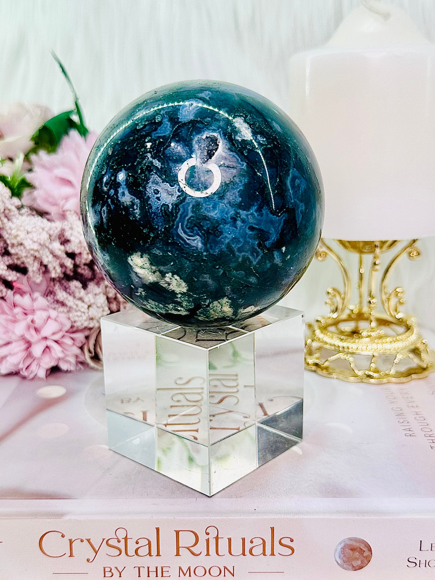 Peace & Tranquility ~ Stunning Large 663gram Druzy Moss Agate Sphere On Stand