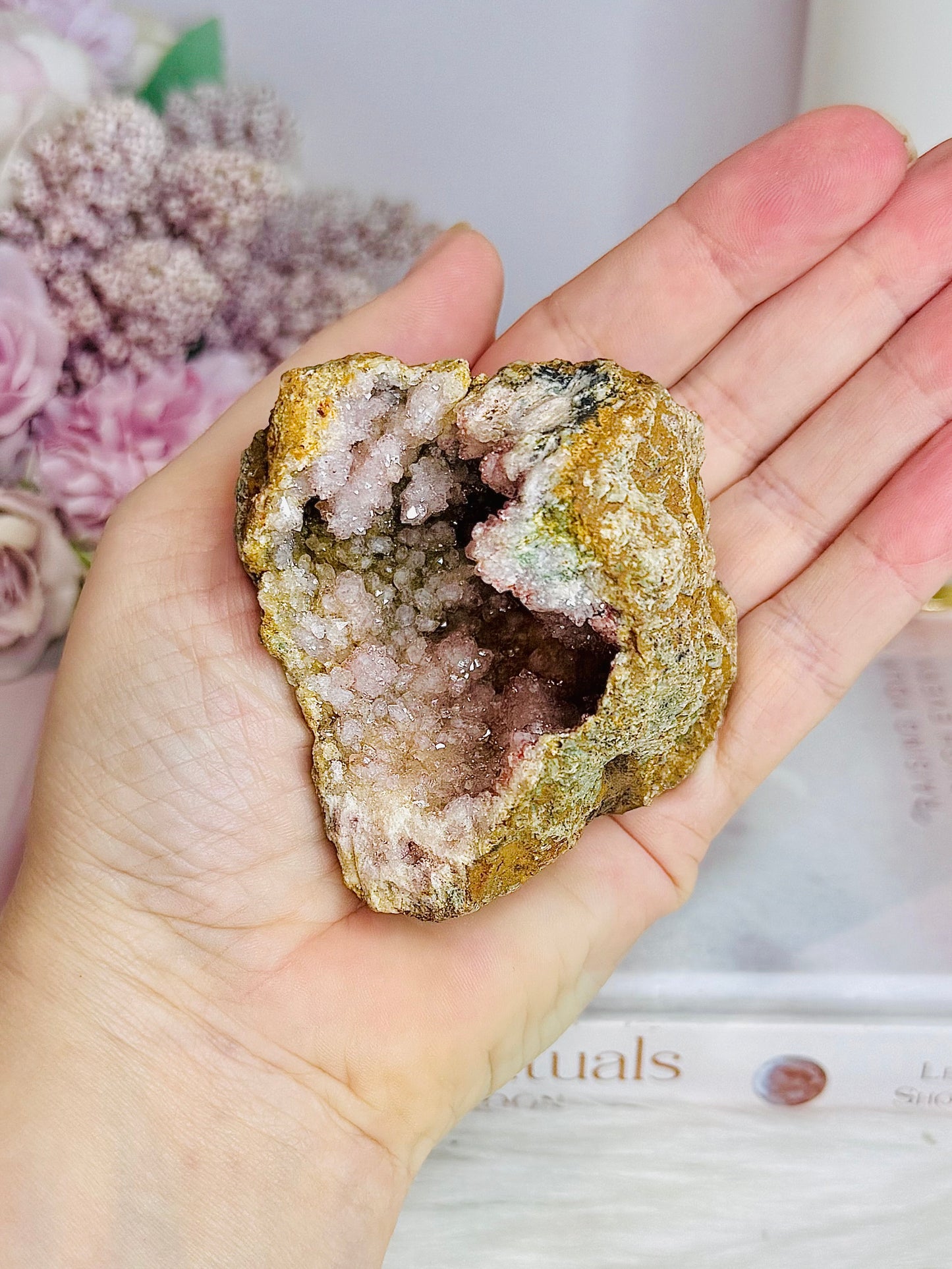 Natural Pink Amethyst Druzy Geode on Rose Gold Stand 13cm