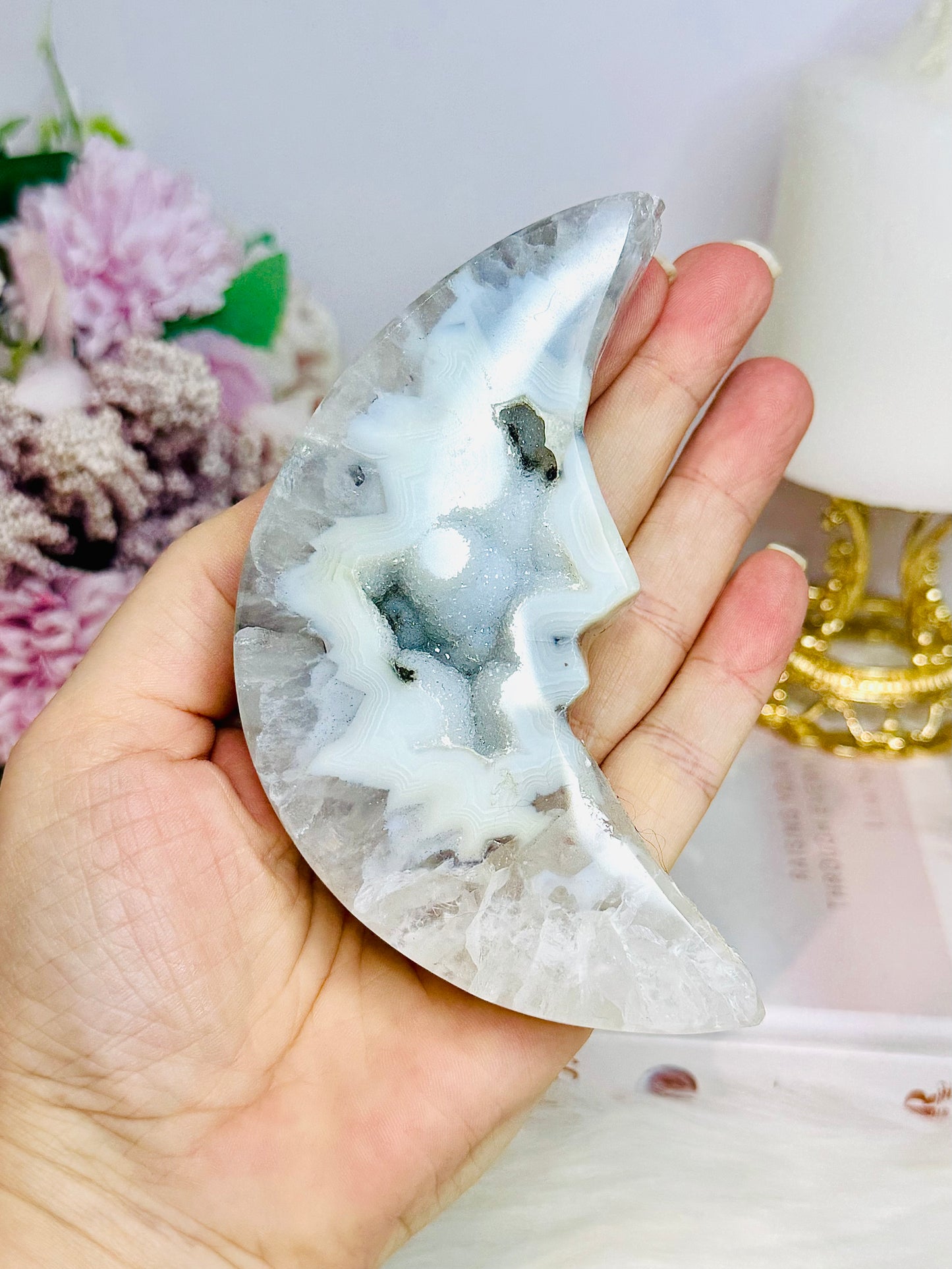 Druzy Agate Carved Moon 12cm