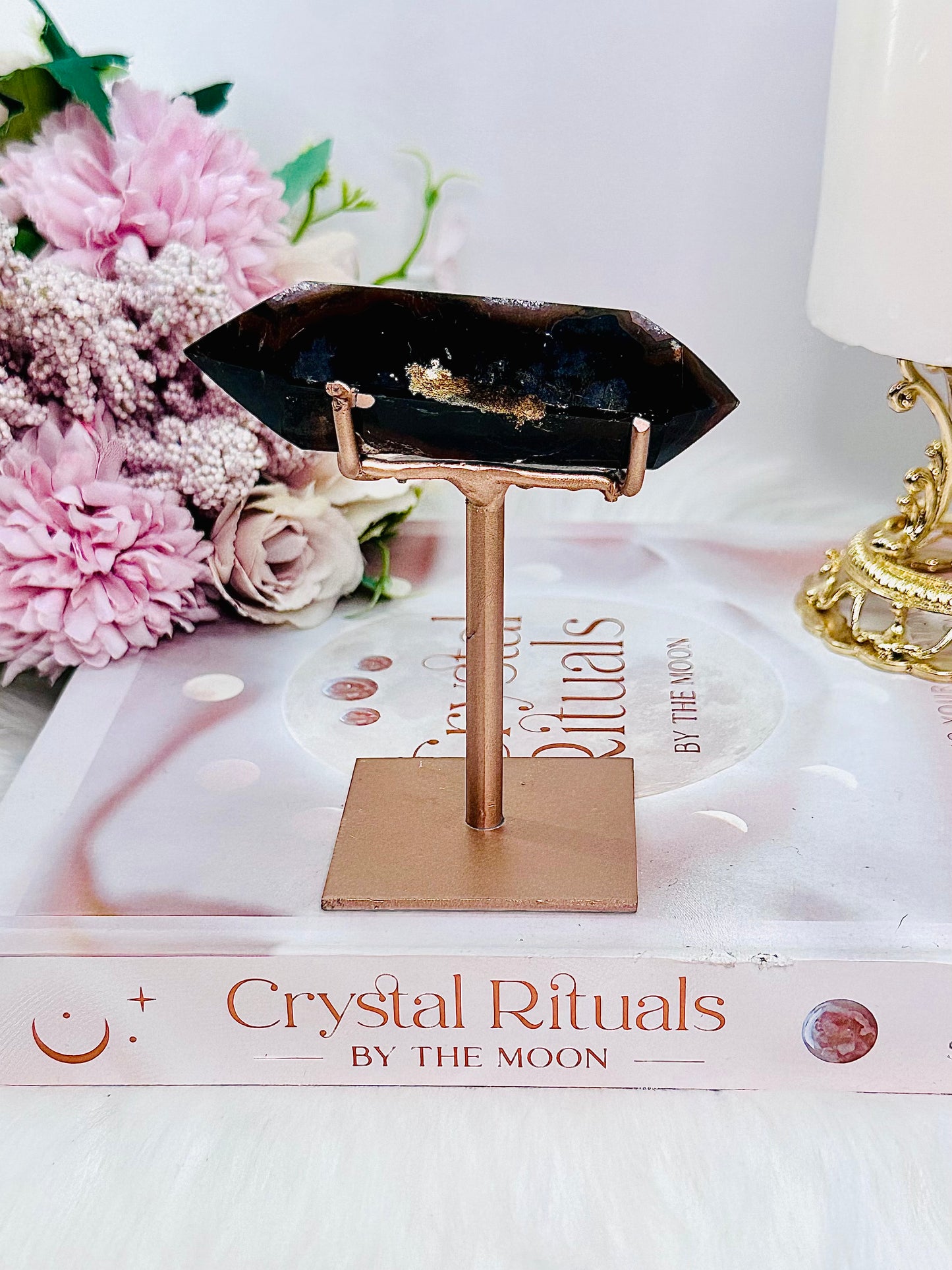 Stunning High Grade Druzy Agate Double Terminated Point On Rose Gold Stand 10cm