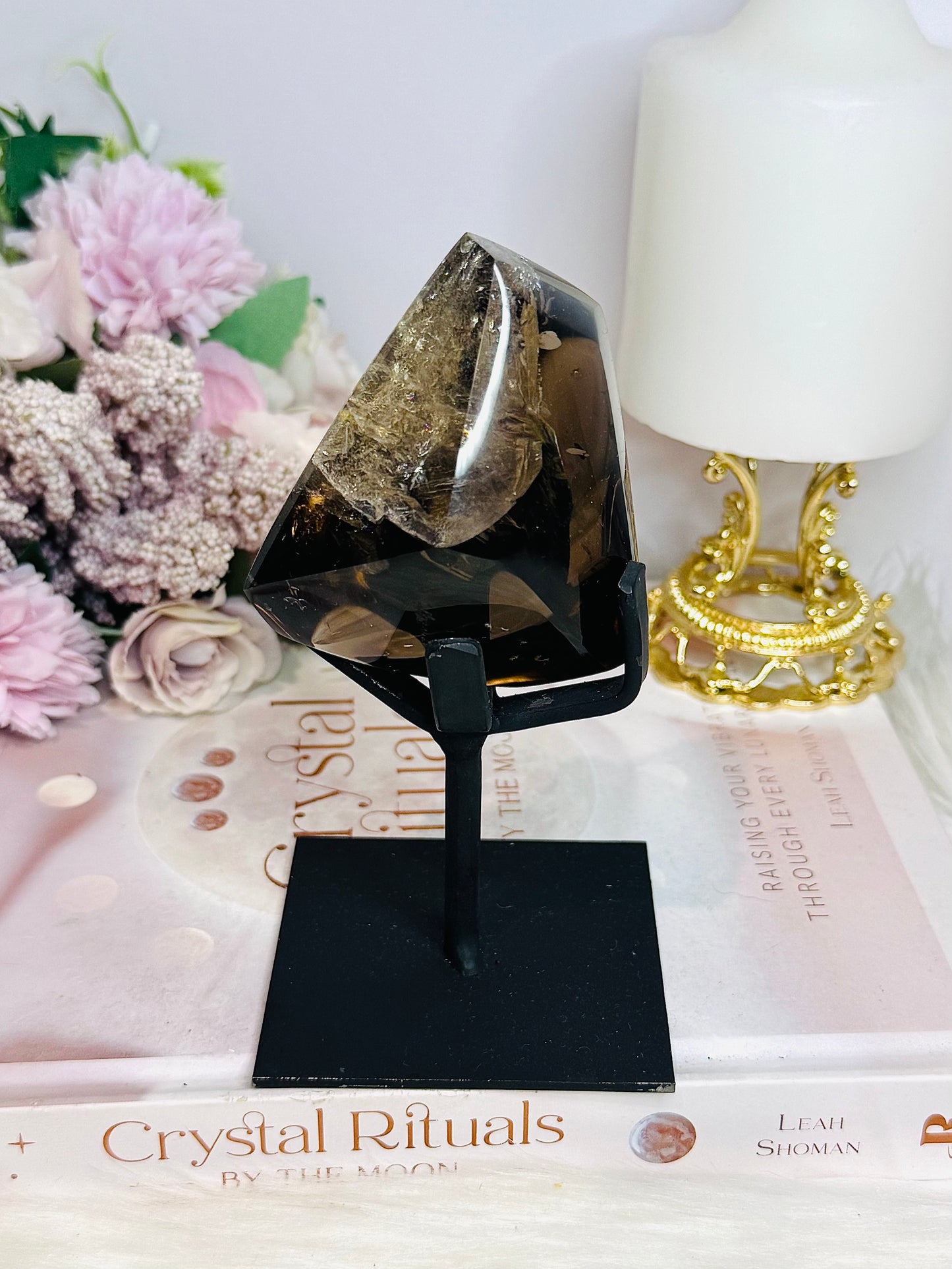 High Grade Smokey Quartz Polished Freeform With Rainbows On Stand 375g