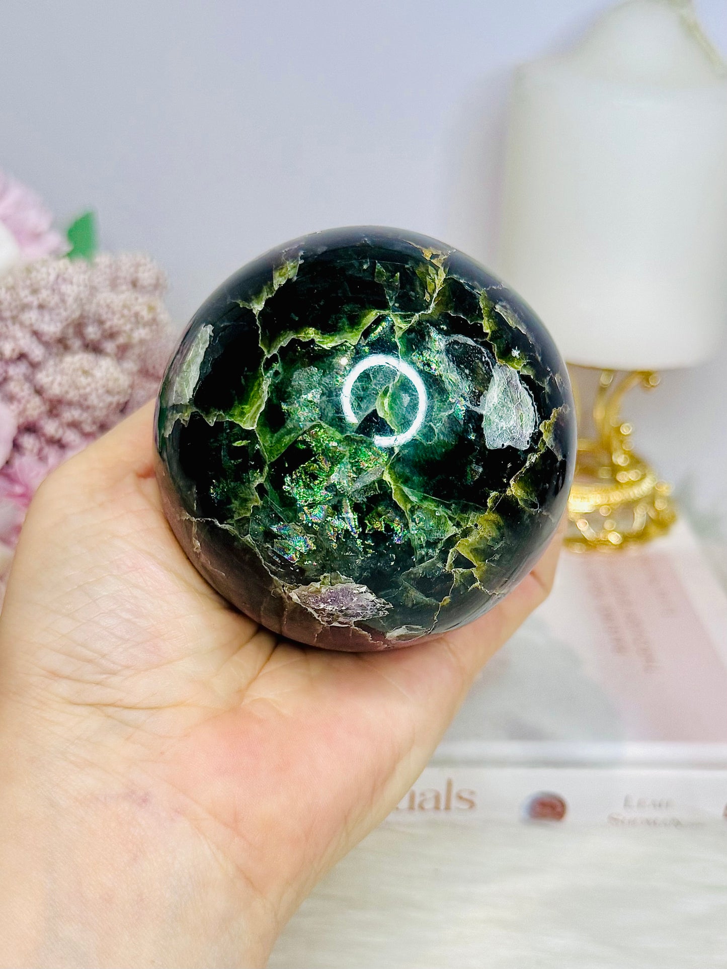 Large Fluorite Sphere with Rainbows 728g On Stand