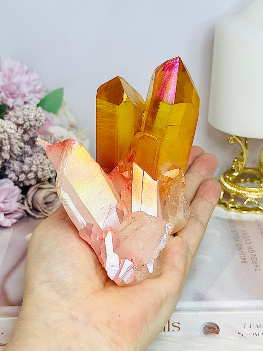 Orange Coated Angel Aura Quartz Cluster 490g