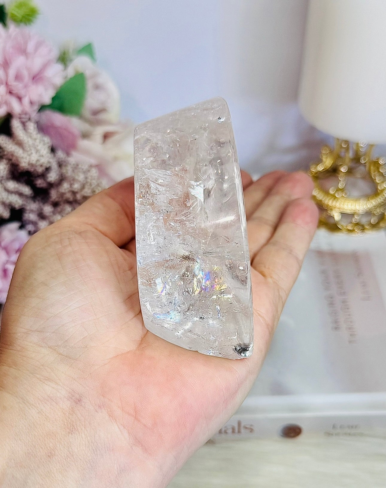 High Grade Clear Quartz Chunky Moon Bowl with Rainbows 9cm