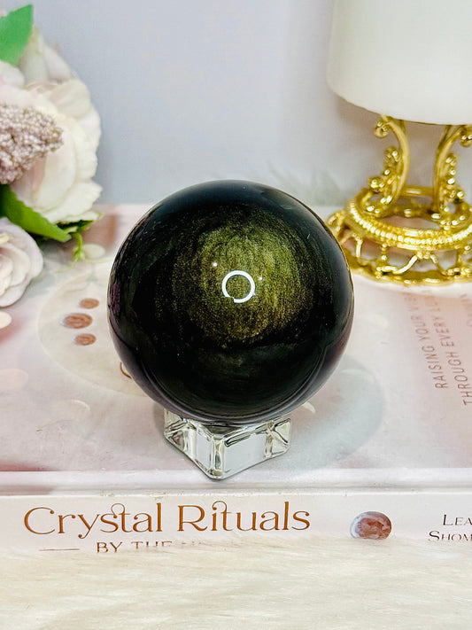 Large Gold Sheen Obsidian Sphere on Stand 353g (Discounted as surface crack on sphere)