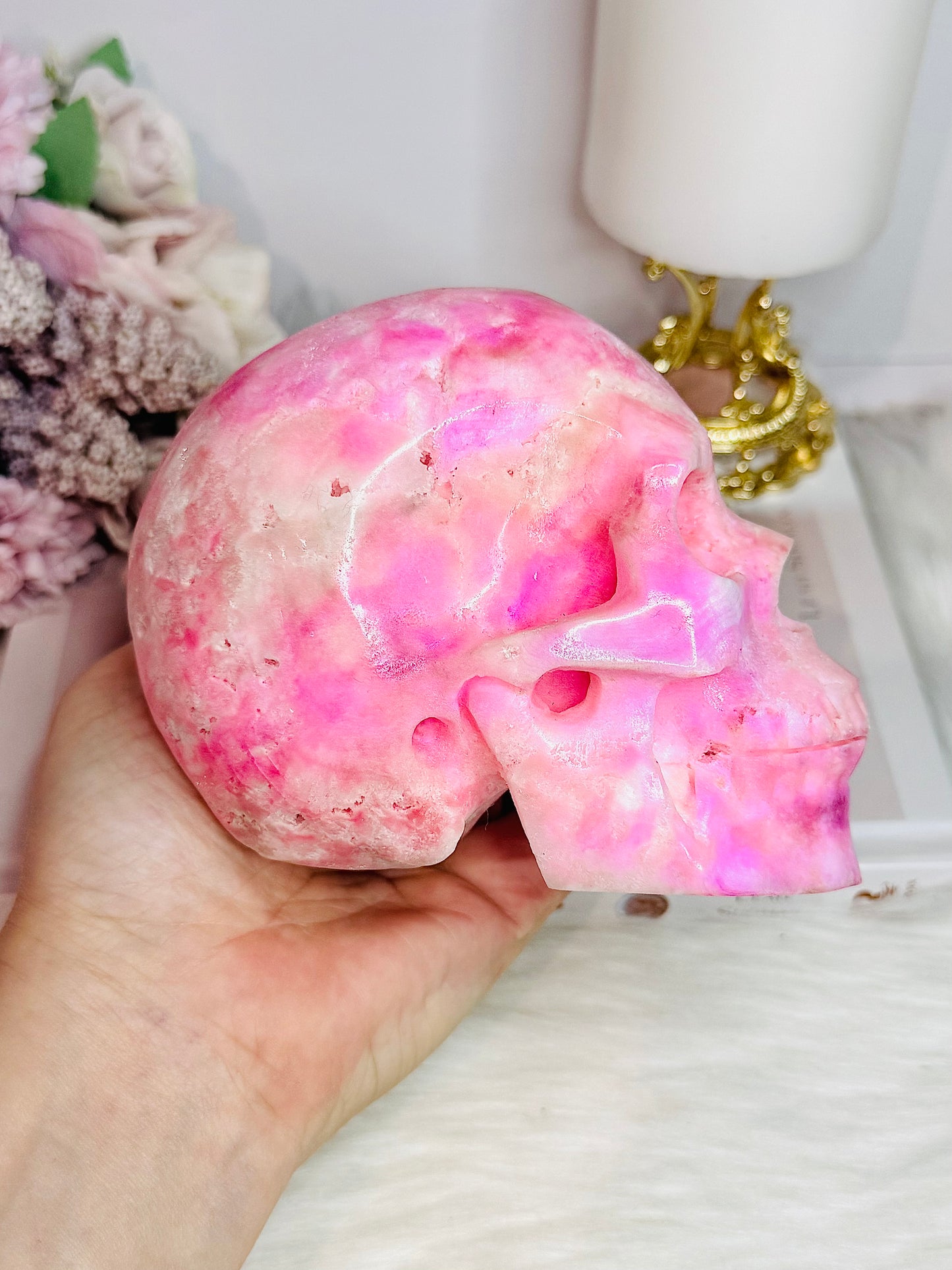 MASTERPIECE!! Absolutely Incredible Huge Natural Pink Oragonite Carved Skull 1.06KG 13cm