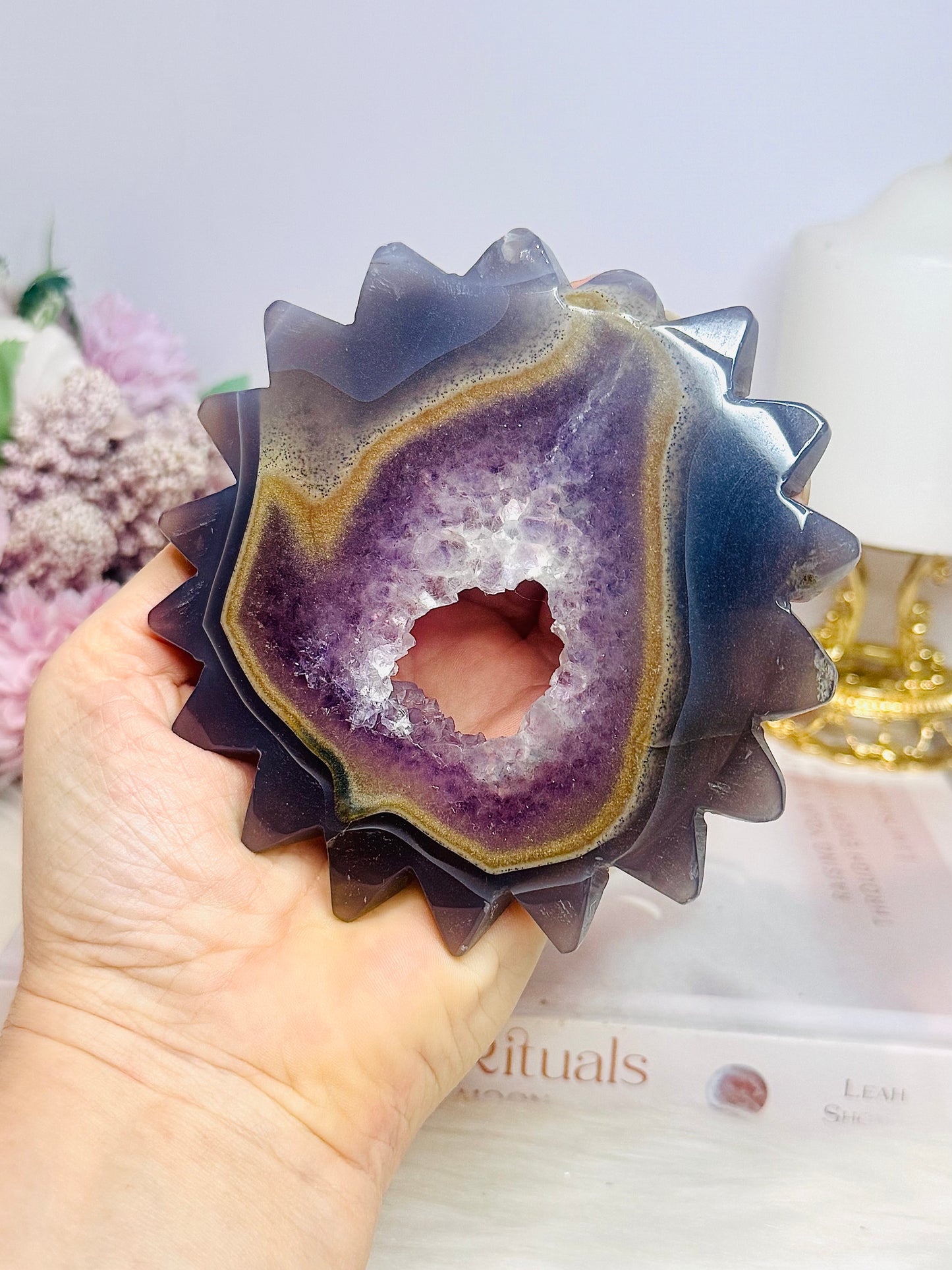 Druzy Amethyst X Agate Carved Flower On Stand 23cm 321g