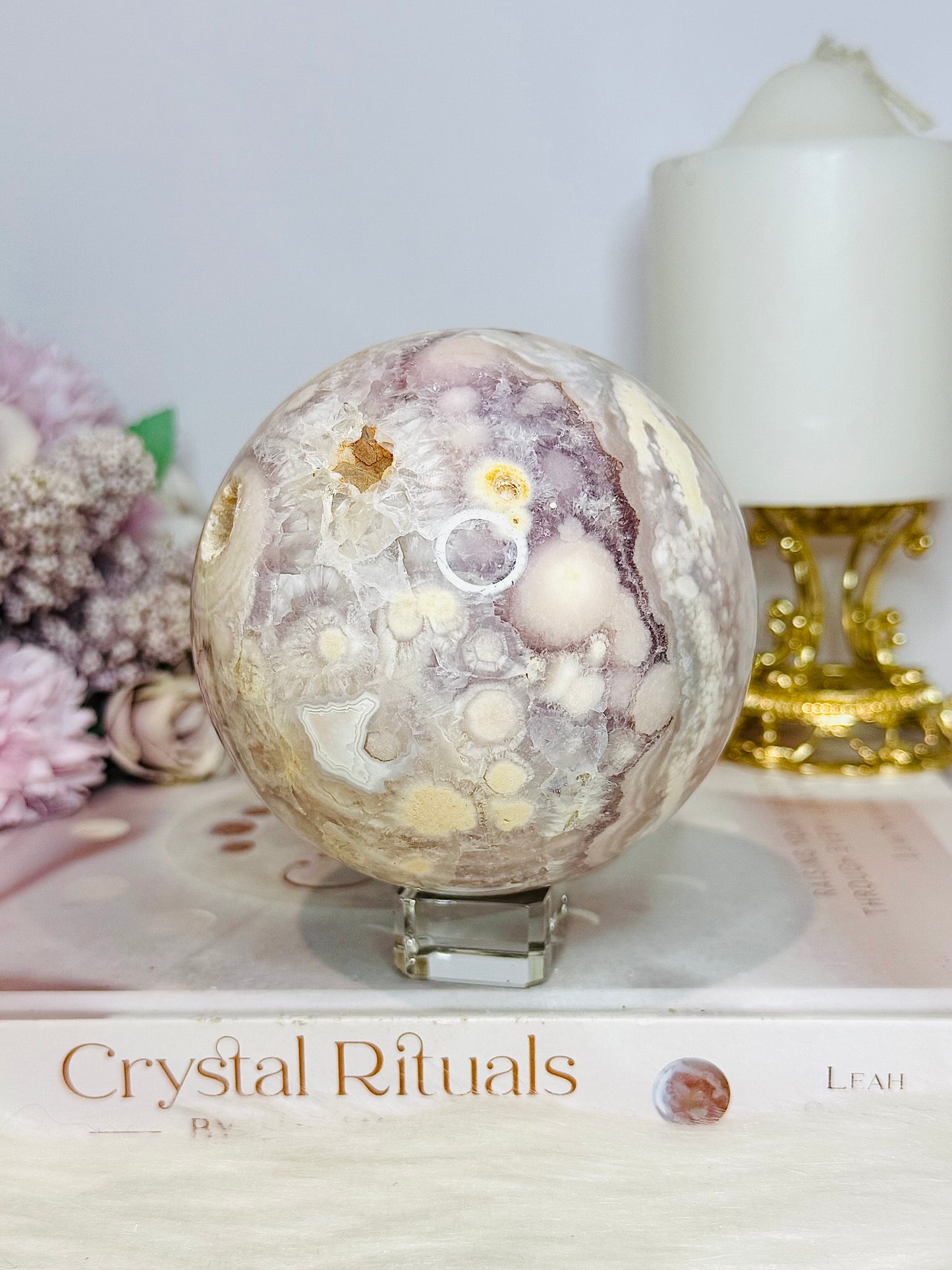 Rare Pink Amethyst X Flower Agate Large Sphere 890g On Stand