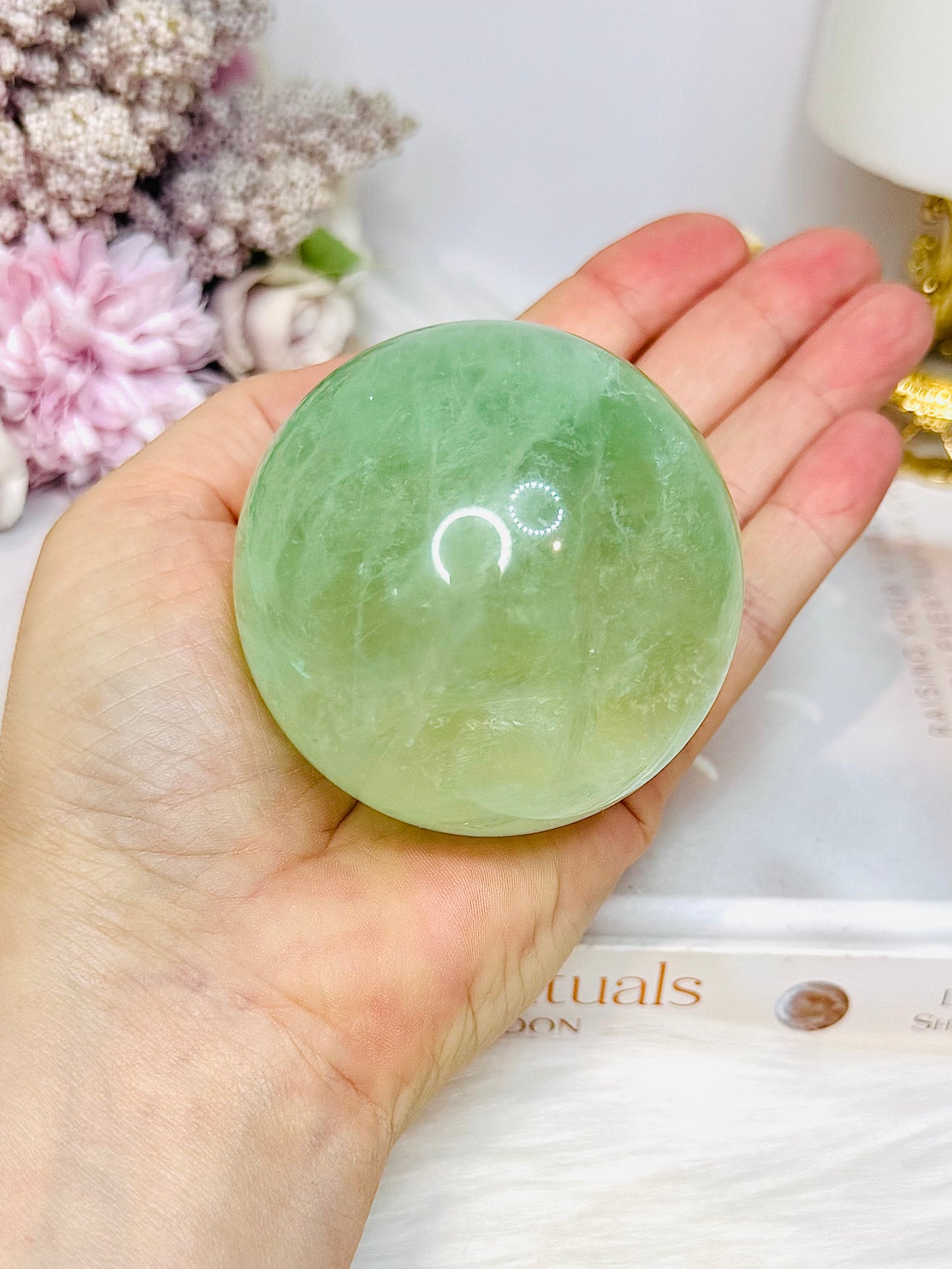 Green Fluorite Sphere with Rainbows On Stand 444g