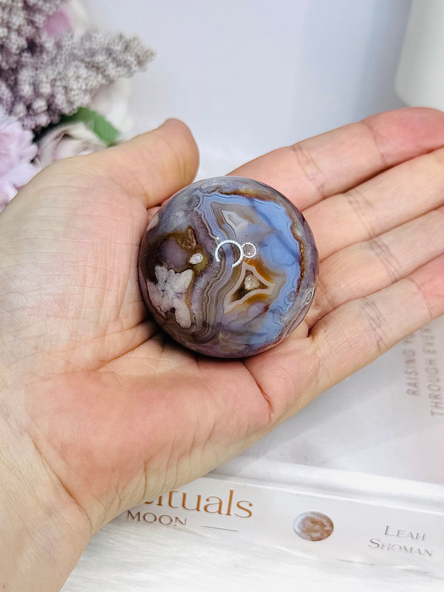 High Grade Blue Flower Agate Sphere on Stand 120g