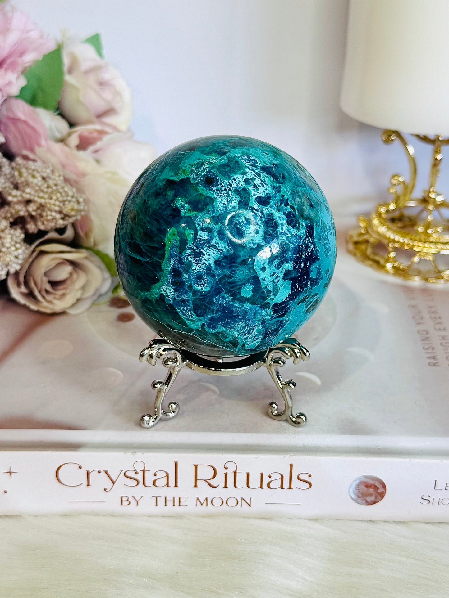 Absolutely Incredible High Grade Chrysocolla Sphere on Stand 399grams